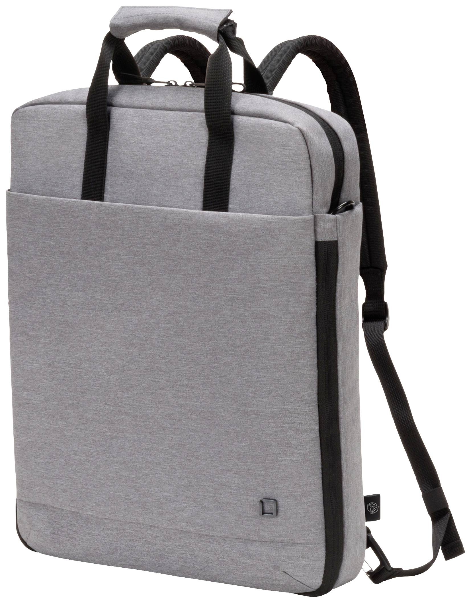 Grauer, rechteckiger Rucksack mit schwarzen Tragegriffen und Schultergurten; minimalistisches Design für Laptop-Transport.