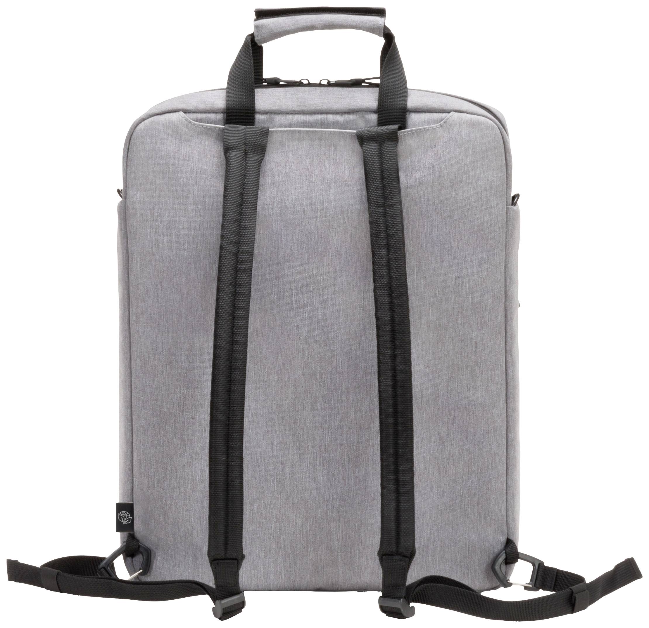 Grauer, rechteckiger Rucksack mit schwarzen Trägern und Griff.
