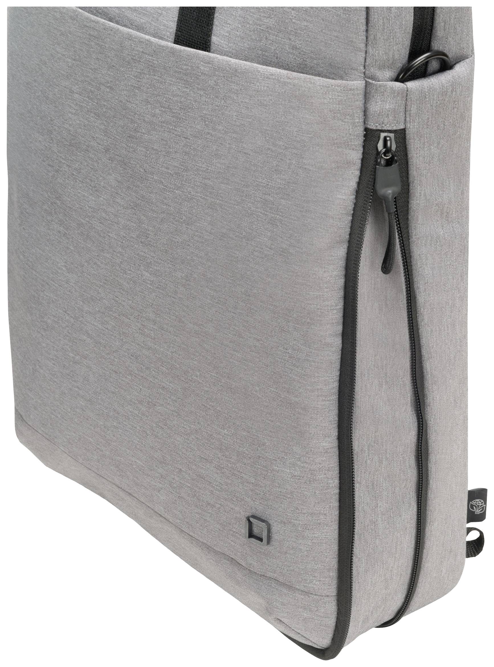 Ein grauer Rucksack mit vertikalem Reißverschluss.