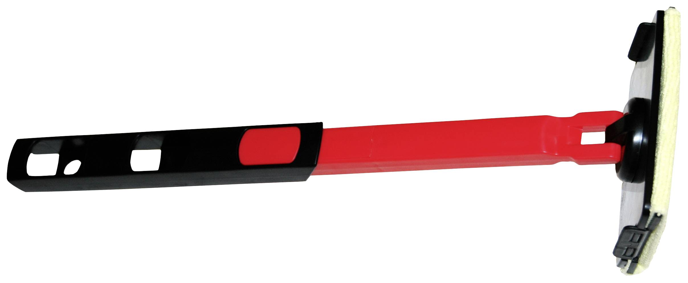 Reinigungswerkzeug mit rotem Griff, schwarzem Kopf und zwei rechteckigen Öffnungen. Ideal zum Reinigen von Glasflächen.