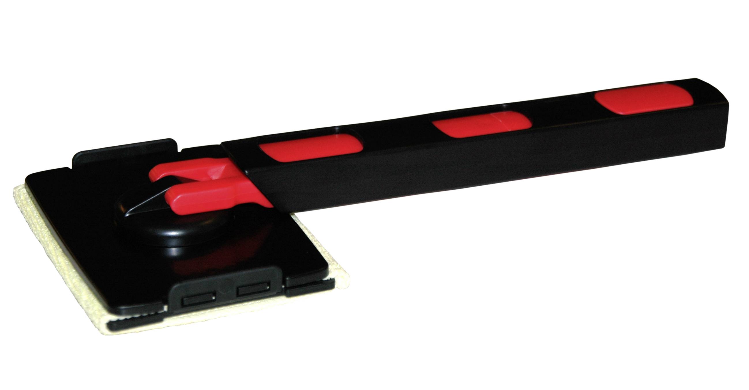 Ein Möbelheber mit rot-schwarzem Griff und quadratischer Plattform mit Filzunterlage, zum einfachen Anheben von Gegenständen.