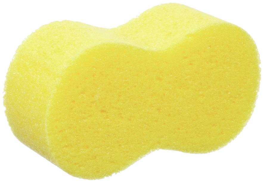 Gelber Schwamm mit geschwungener Form, auf weißem Hintergrund, häufig zum Reinigen verwendet.