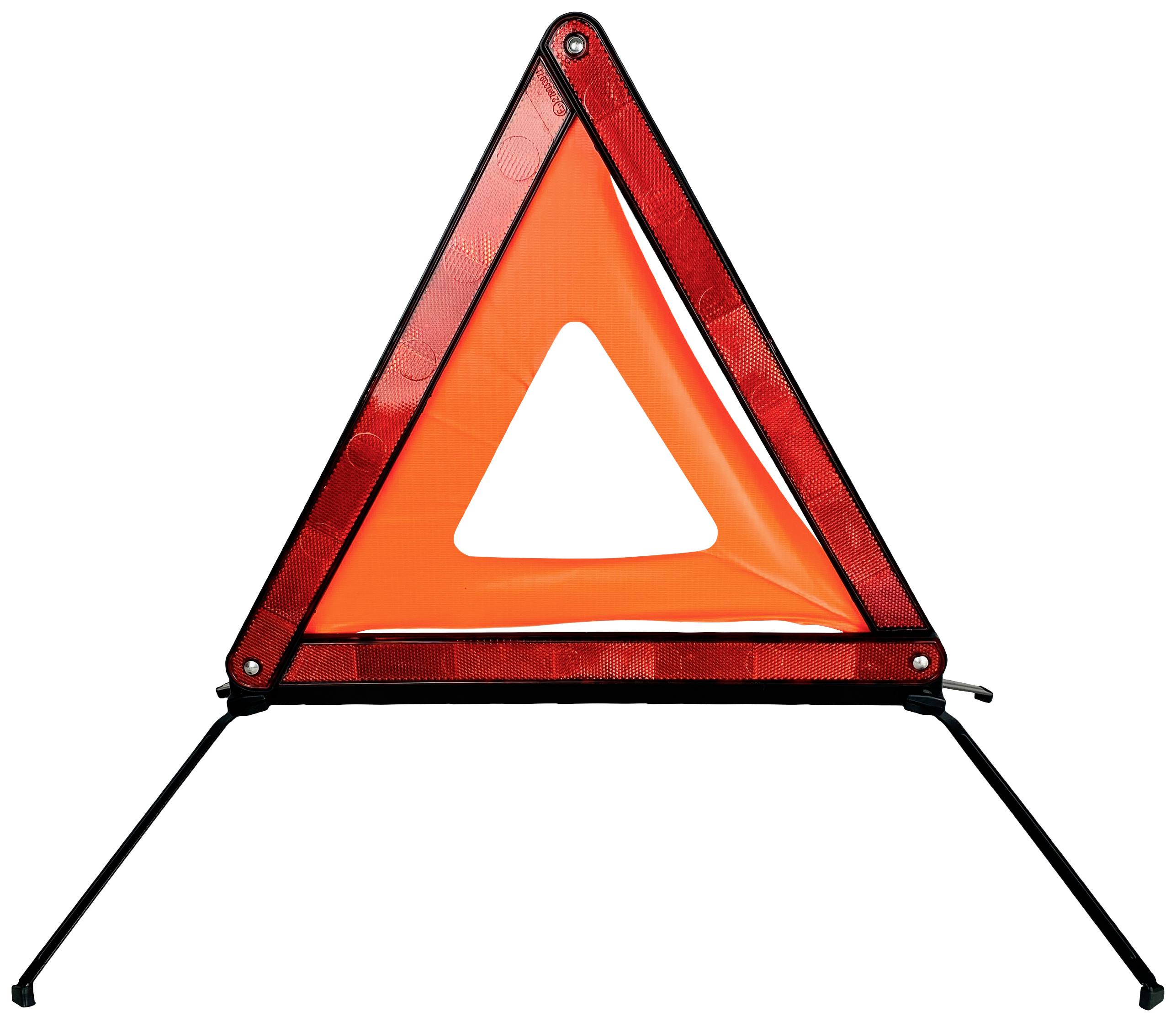 Rotes Warndreieck aufgestellt, symbolisiert eine Gefahrensituation oder eine Panne auf der Straße.