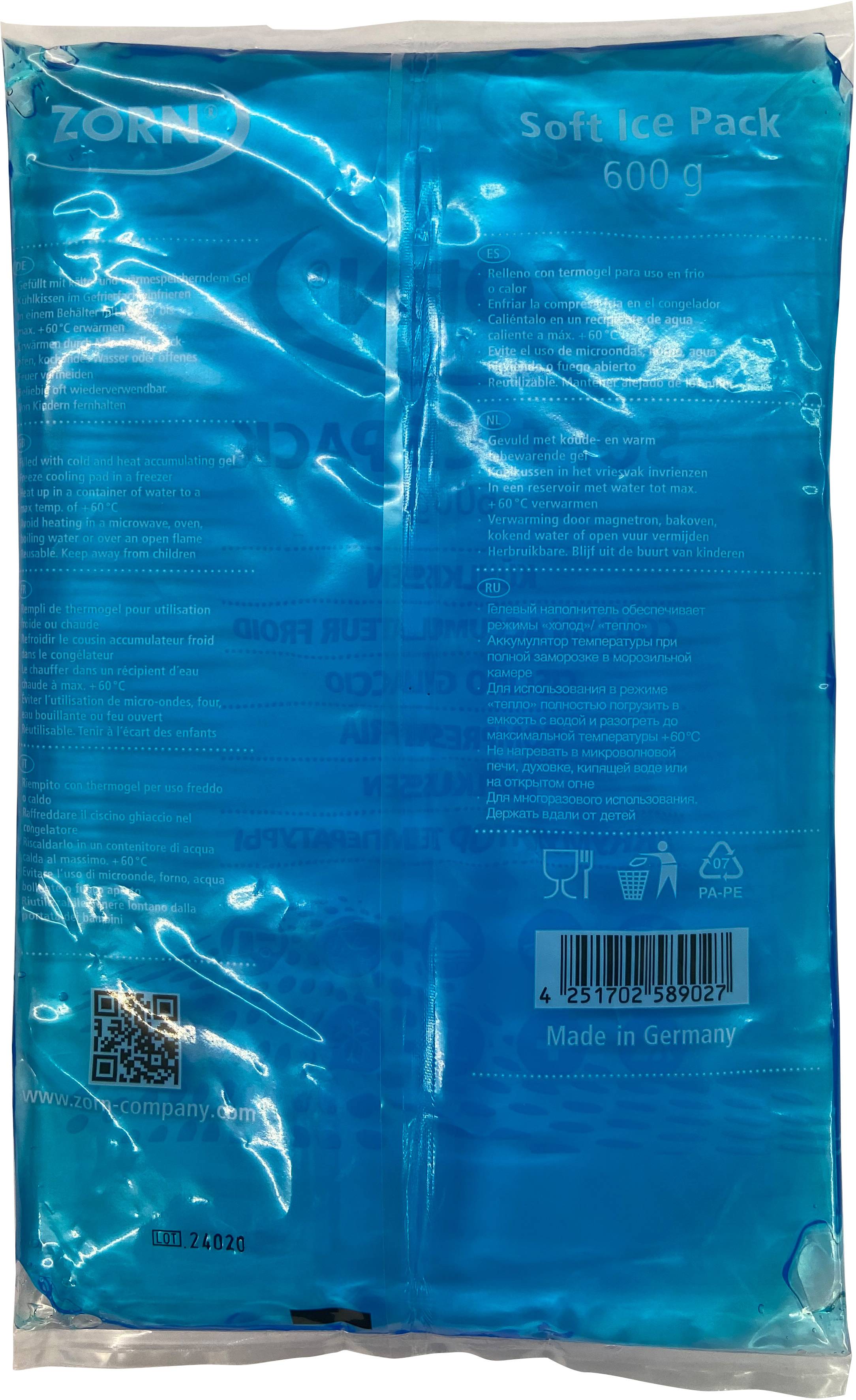 Blauer Kühlpack mit Textaufdruck, inklusive Barcode und 'Made in Germany' Hinweis.