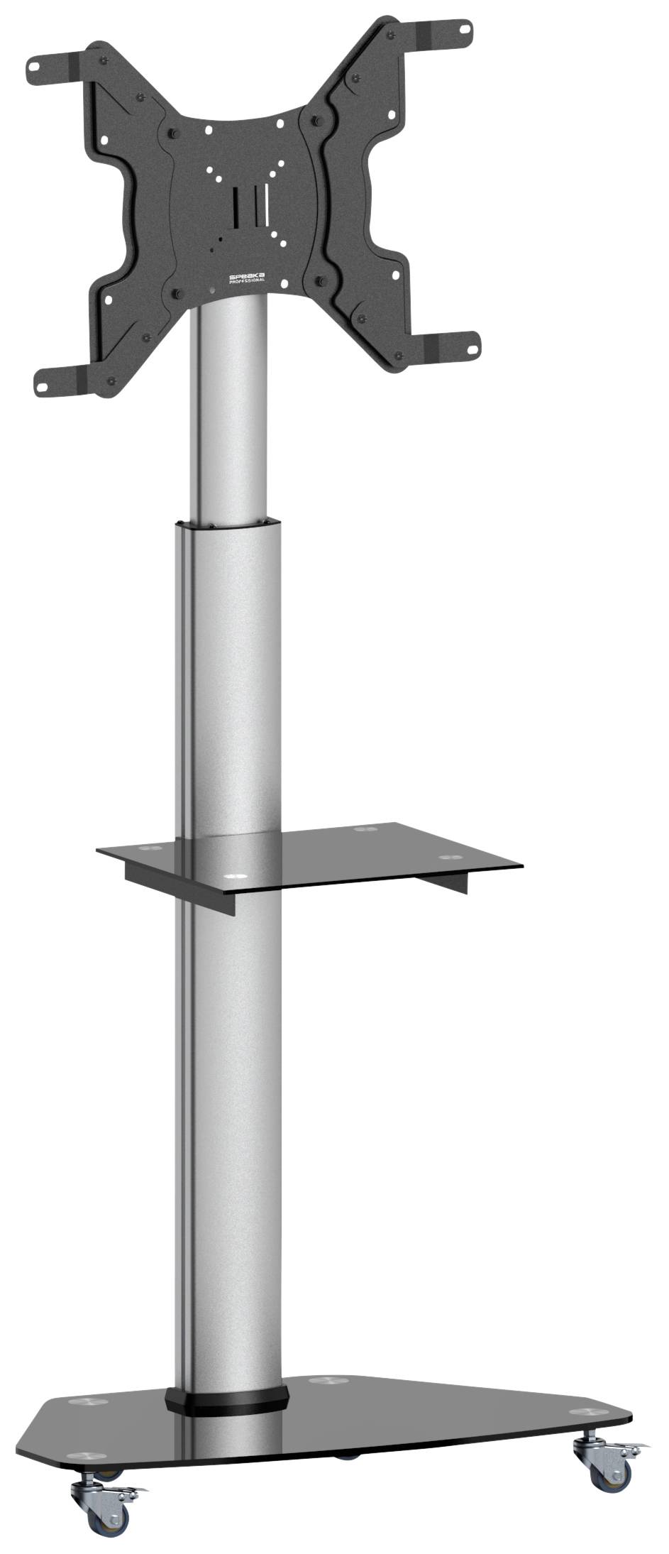 Rollbarer TV-Ständer mit verstellbarer Höhe und Ablagefläche. Geeignet für Fernseher, ideal für Präsentationen oder Büros.