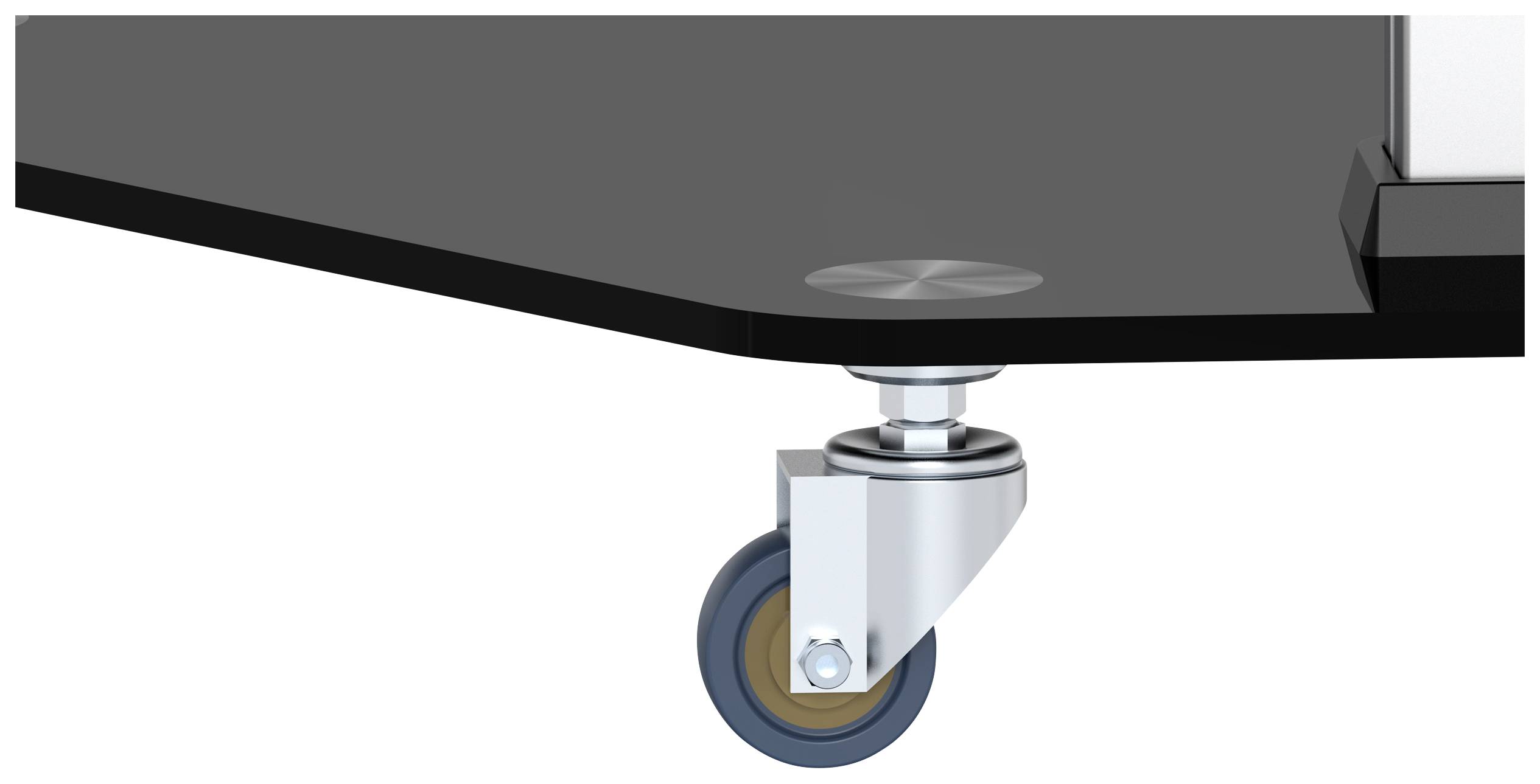 Nahaufnahme einer lenkbaren Rolle an einem Tisch, die eine flexible Bewegung ermöglicht. Die Rolle ist aus Metall und Gummi gefertigt.