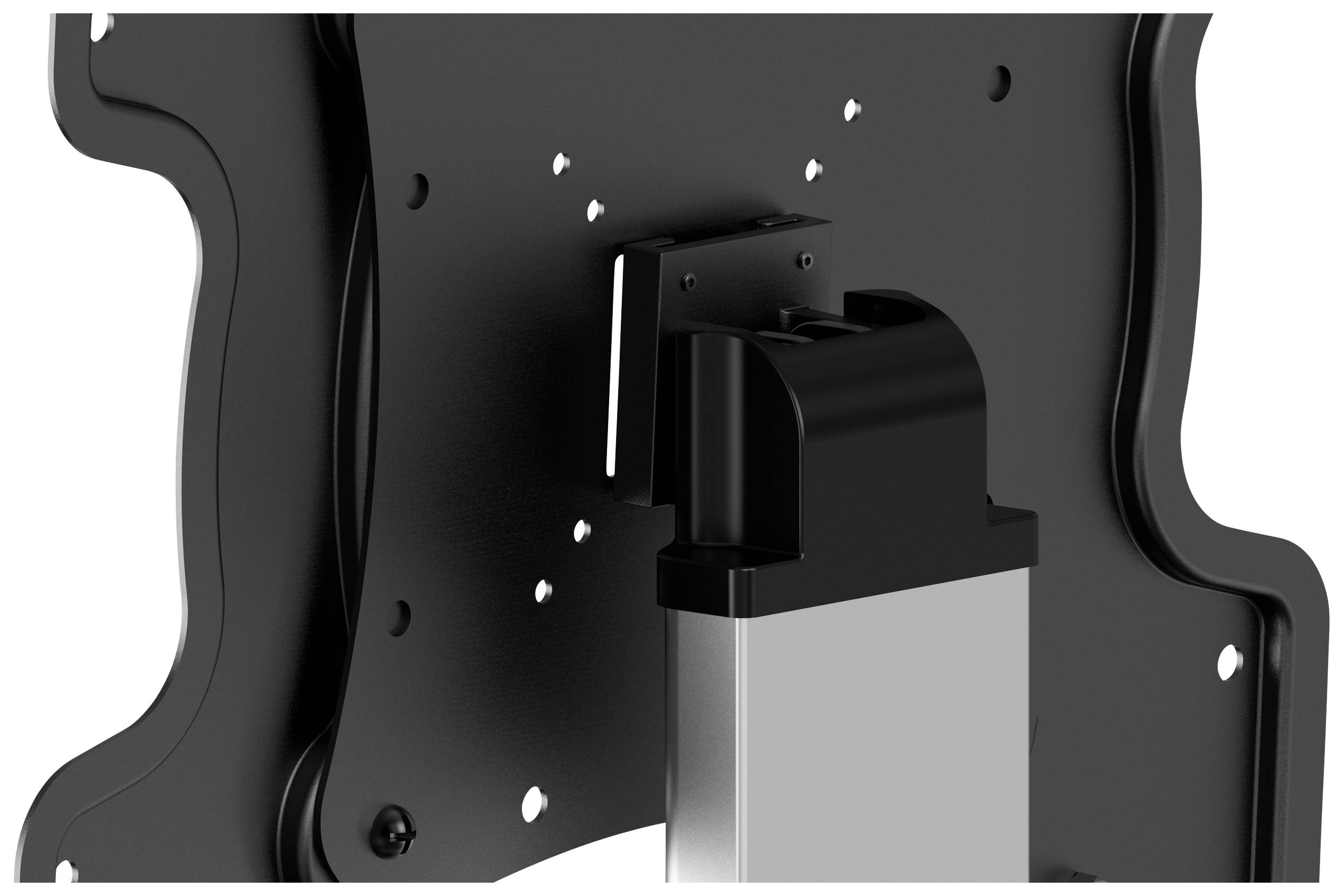 Ein Metallhalter für einen Bildschirm oder Monitor. Stabiler Arm mit mehreren Verstellpunkten, schwarz und silberfarben.