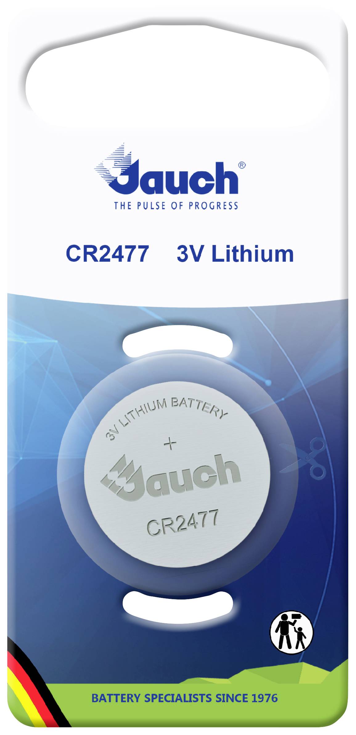 Lithium-Knopfzelle CR2477 von Jauch, 3V. Verpackung mit Logo 'Jauch', Hinweis auf Batterie-Expertise seit 1976.