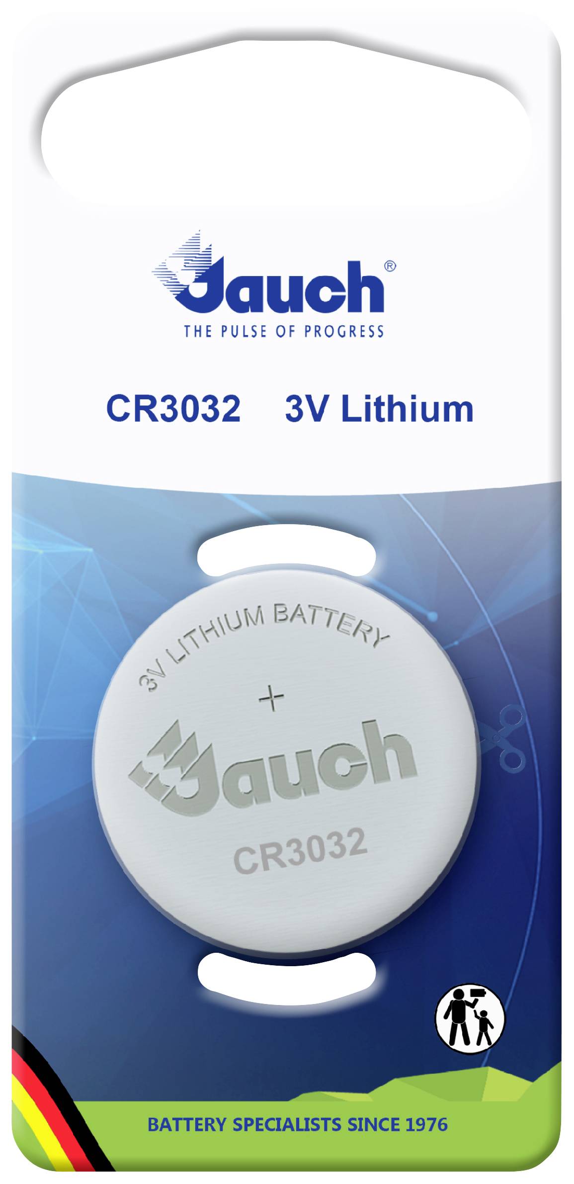 Verpackung einer Jauch CR3032 3V Lithium-Batterie. Enthält Batterie-Details und Firmenlogo.