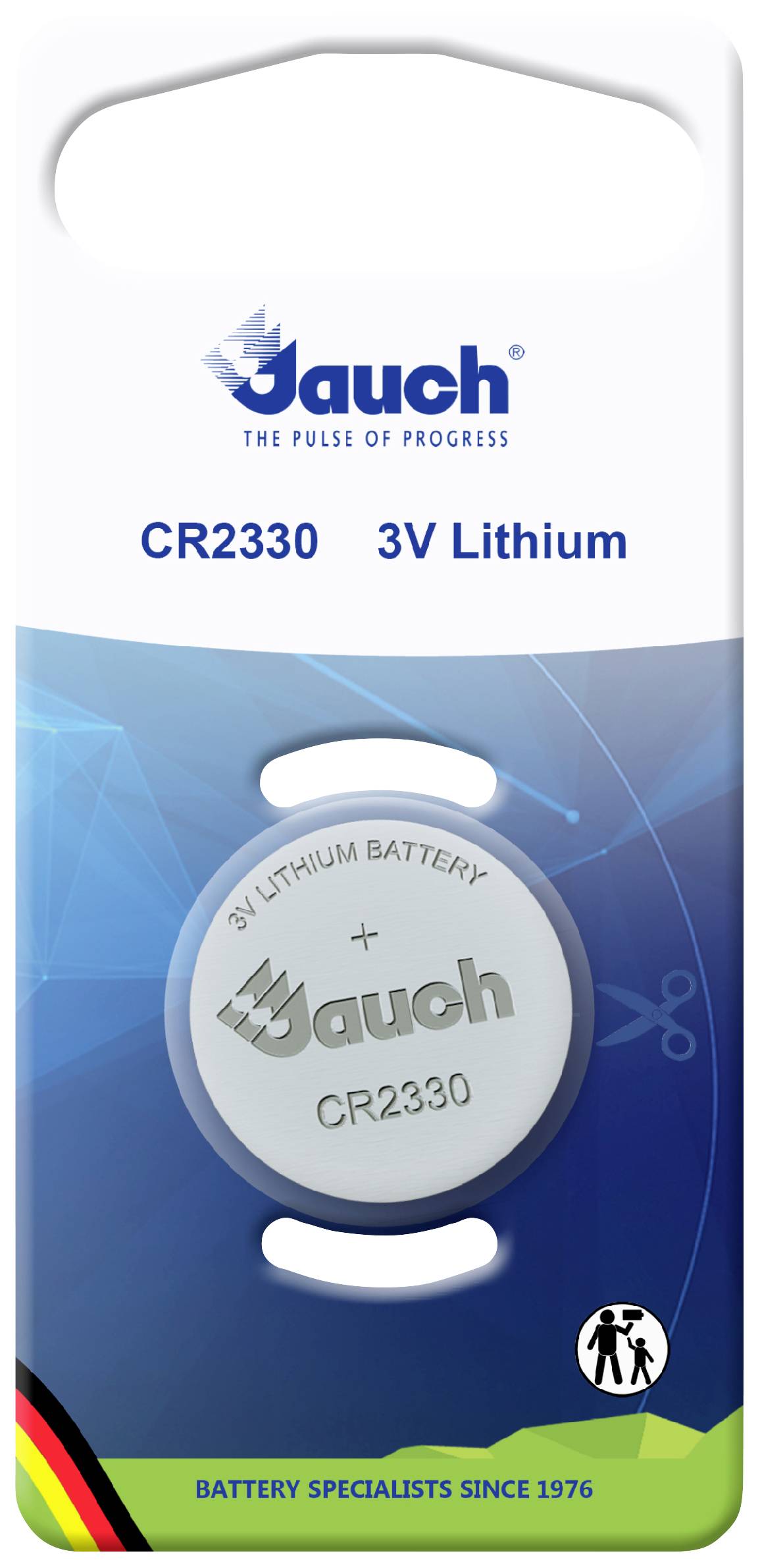 Batterieverpackung mit Aufdruck 'Jauch CR2330 3V Lithium', Logo und Sicherheitssymbolen.