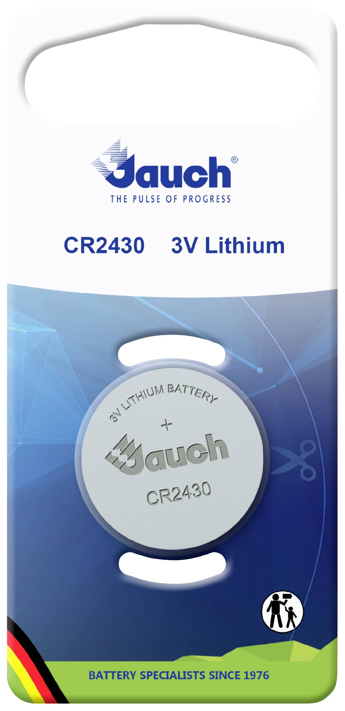 Verpackung für eine 3V Lithiumbatterie CR2430 von Jauch. Oben der Schriftzug 'The Pulse of Progress'. Batteriefach unten sichtbar.