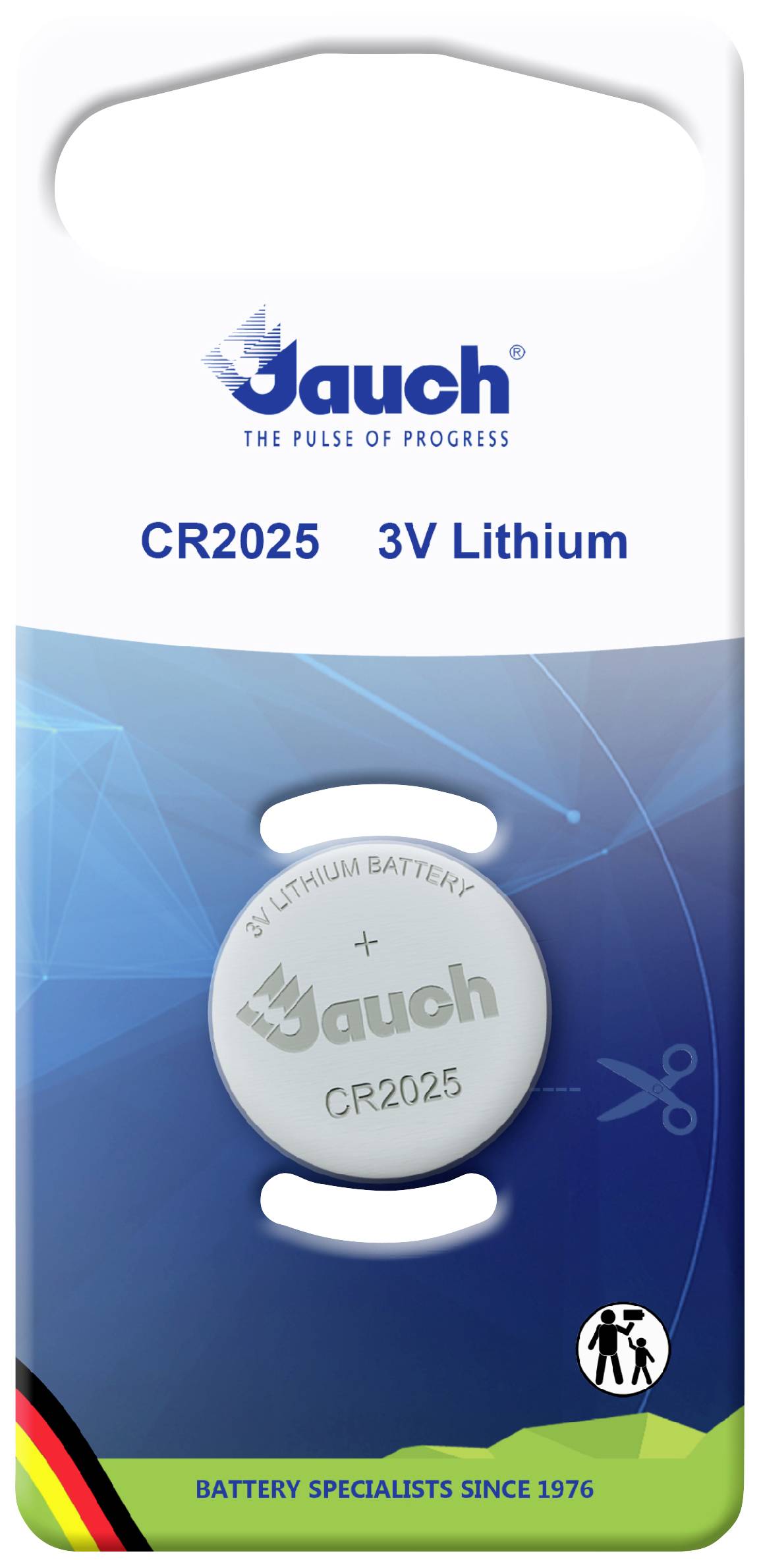 'CR2025 3V Lithium-Batterie von Jauch' in einer Verpackung. Verpackung zeigt Taschen- und Scheren-Symbol für Sicherheitshinweis.