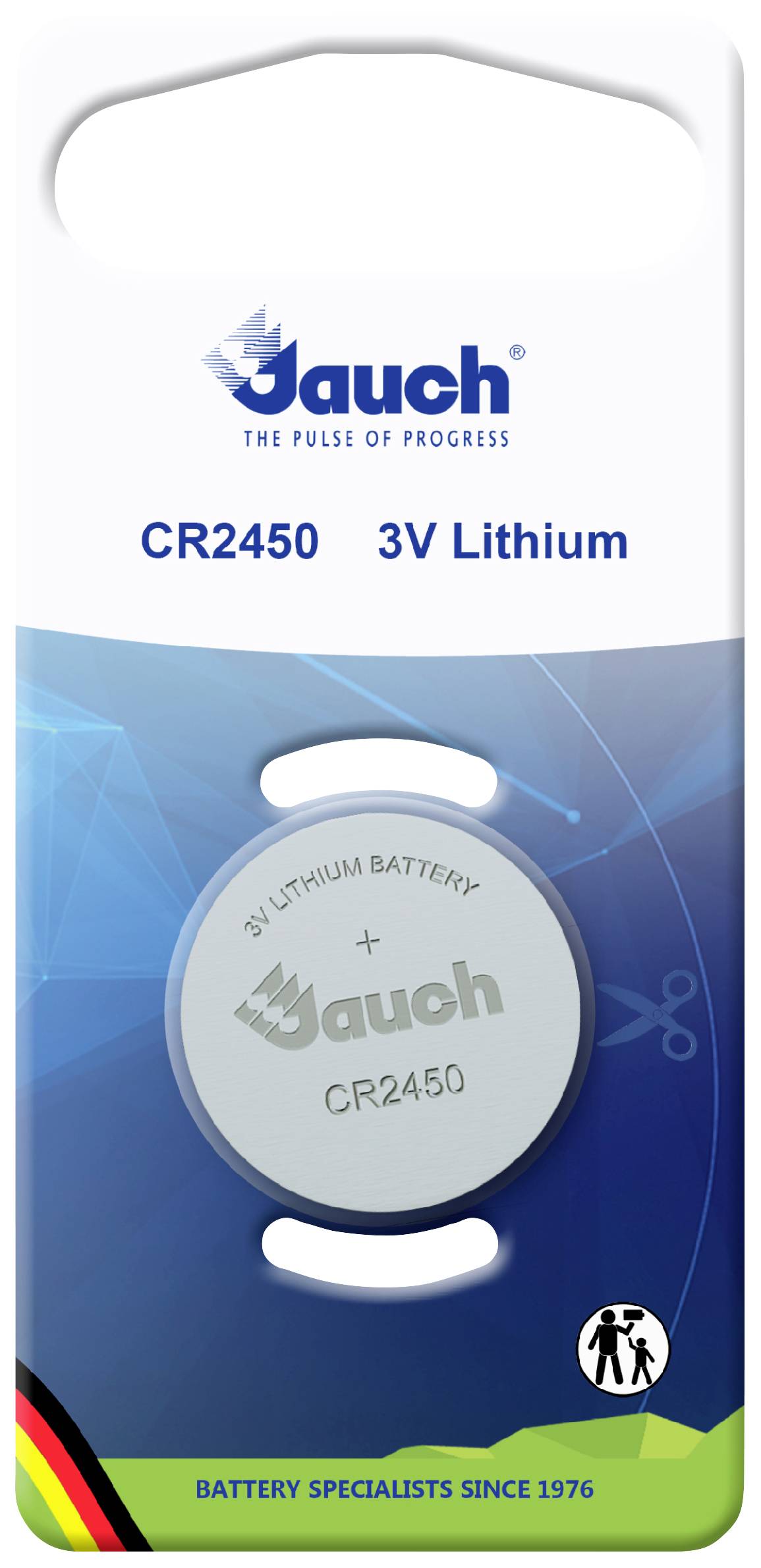 Eine Knopfzellenbatterie mit der Bezeichnung 'CR2450 3V Lithium' von Jauch auf einer Unterlage mit blauer Hintergrundgrafik.