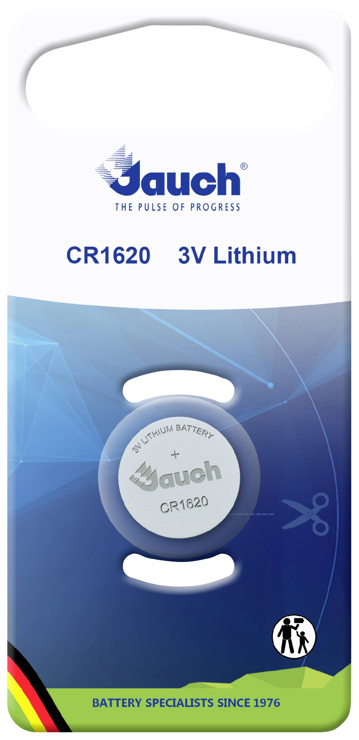 Jauch CR1620 3V Lithium-Batterie-Verpackung. Enthält Schutzwarnung für Kinder. Etikett weist auf Batteriespezialisten seit 1976 hin.