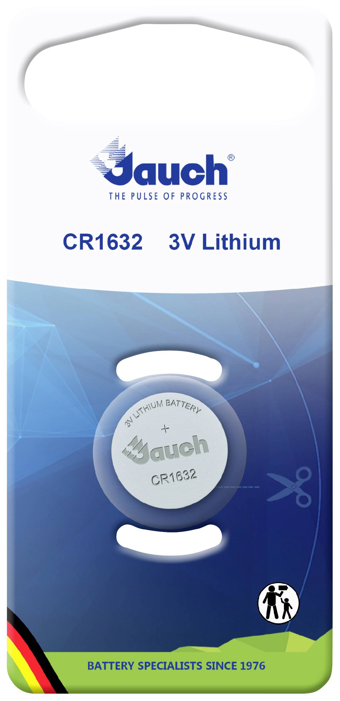 Verpackung einer Jauch CR1632 3V Lithium-Batterie. Blisterpackung mit Batterie sichtbar. Marke und Spannung hervorgehoben.