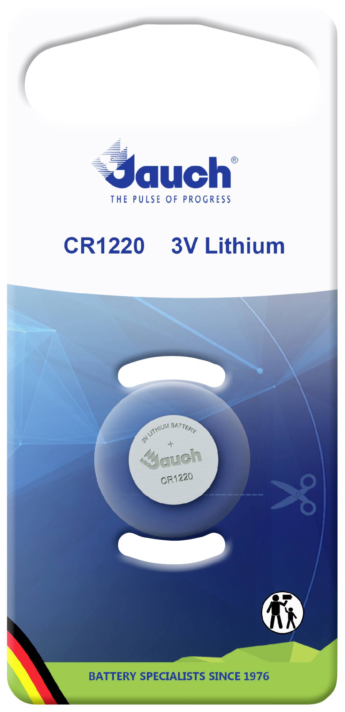 Eine CR1220 Lithium-Batterie von 'Gauch', 3V Spannung, verpackt auf einer Karte. Text: 'Battery Specialists Since 1976'.