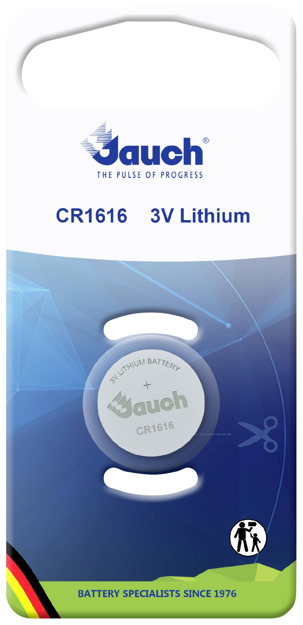 Verpackung einer Knopfzellenbatterie 'Jauch CR1616 3V Lithium'. Enthält Hinweise zu Hersteller, Modell und Batterieart.