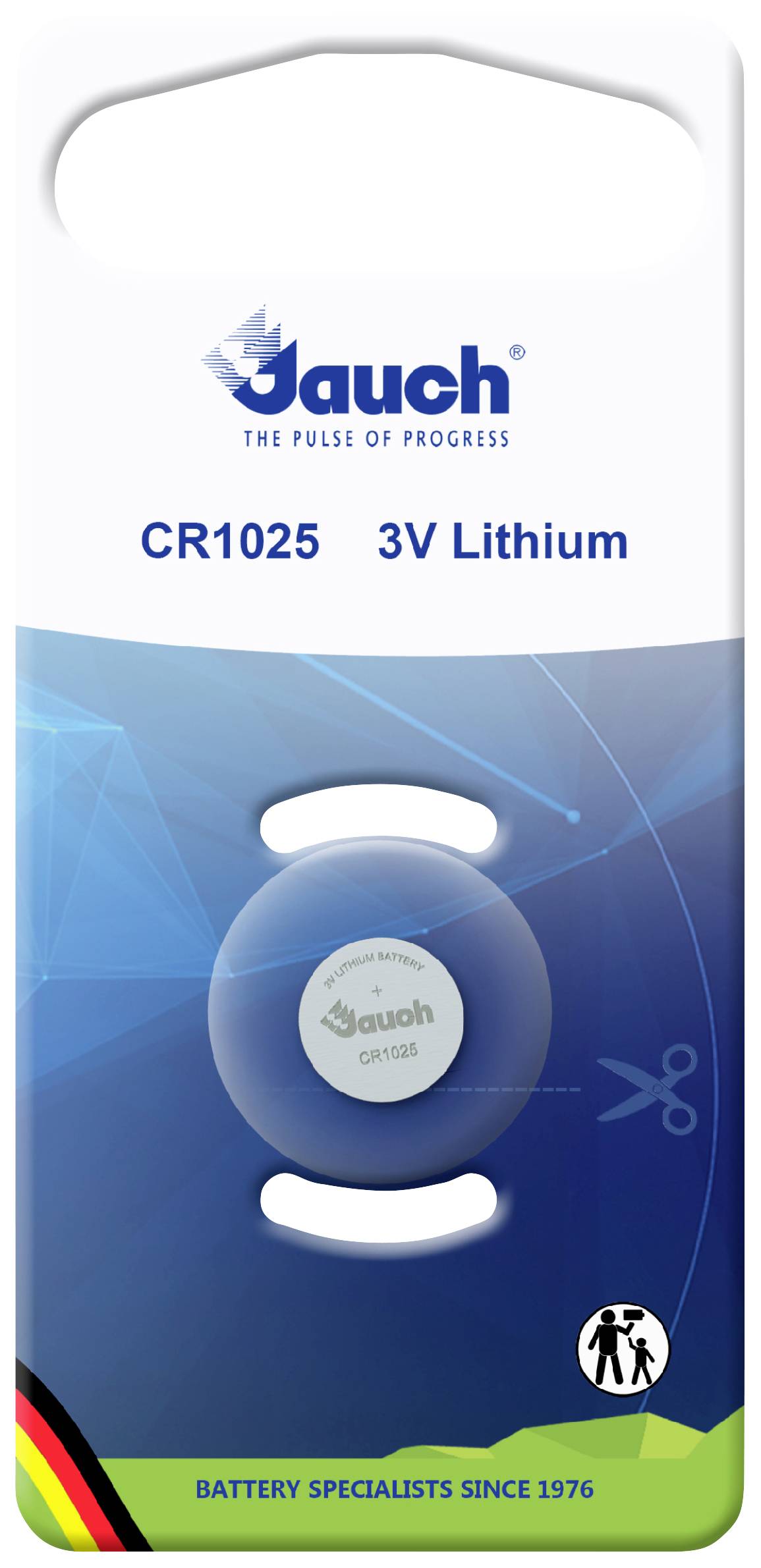 Lithium-Knopfzellenbatterie auf blauem, gebrandetem Hintergrund. Text: 'CR1025 3V Lithium'. Herstellername oben, ikonische Schnittstelle unten rechts.