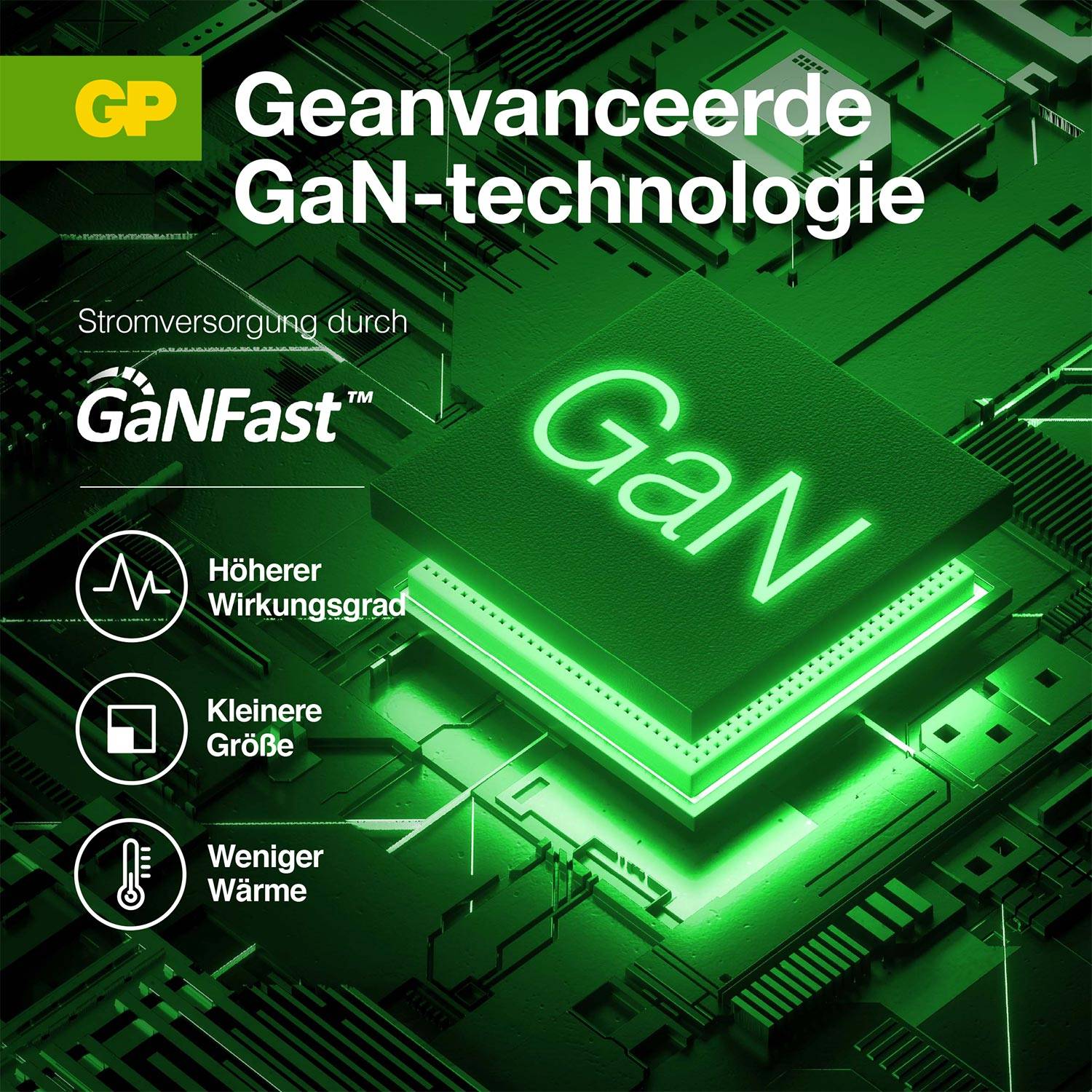 'Geavanceerde GaN-technologie' Text auf grünem Chip-Design. Symbole für höhere Wirkungsgrad, kleinere Größe und weniger Wärme.