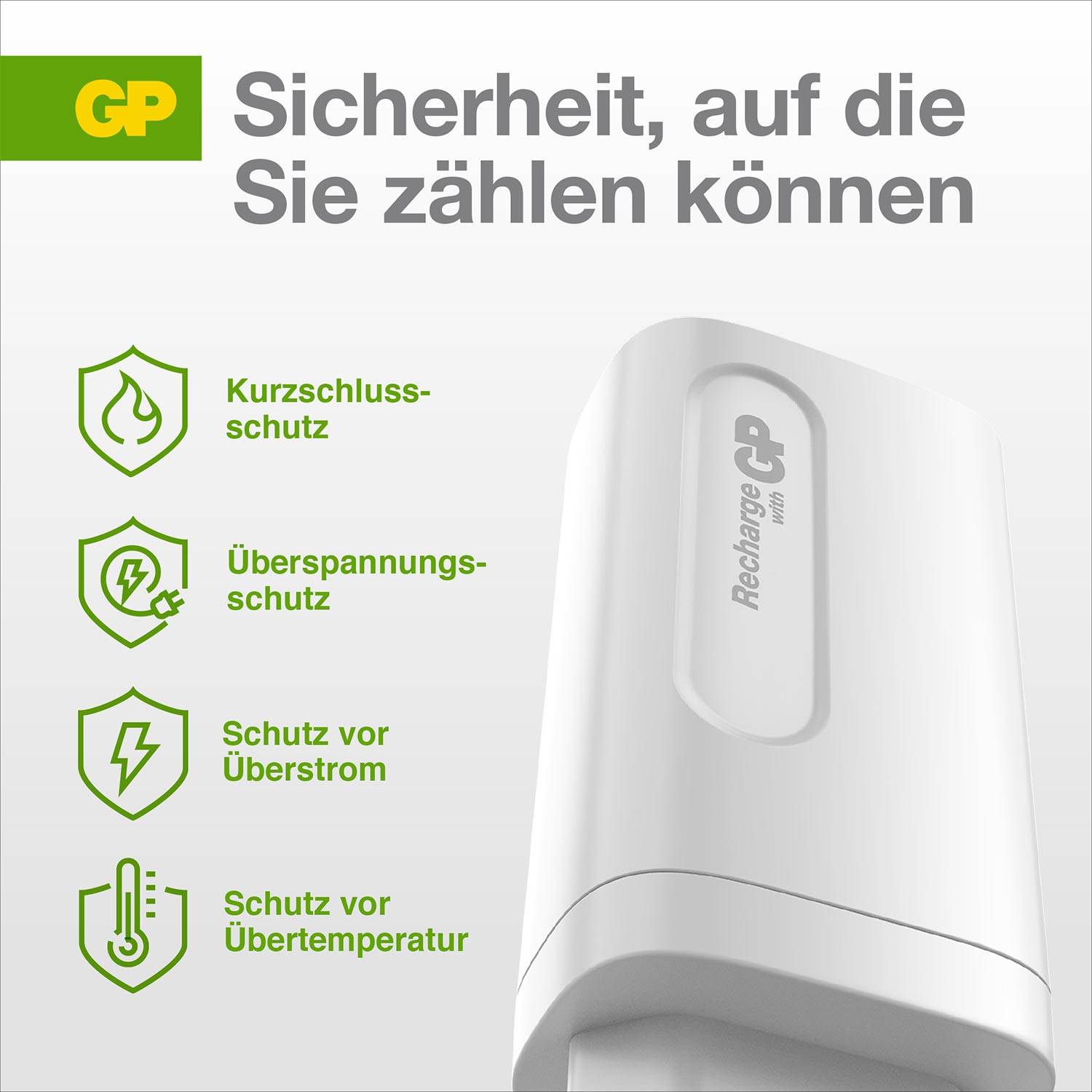 'GP Sicherheit, auf die Sie zählen können' zeigt ein Ladegerät mit Symbolen und Text: Kurzschlussschutz, Überspannungsschutz, Schutz vor Überstrom, Schutz vor Übertemperatur.