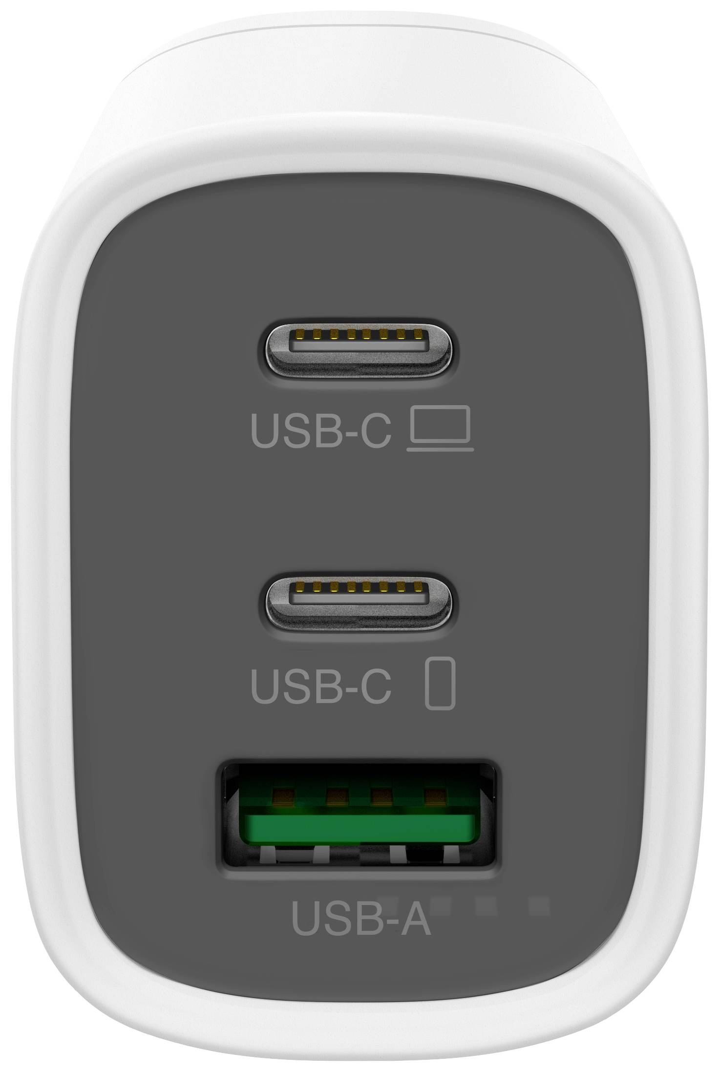 Ein Ladegerät mit zwei USB-C-Anschlüssen und einem USB-A-Anschluss, geeignet für das gleichzeitige Laden mehrerer Geräte.
