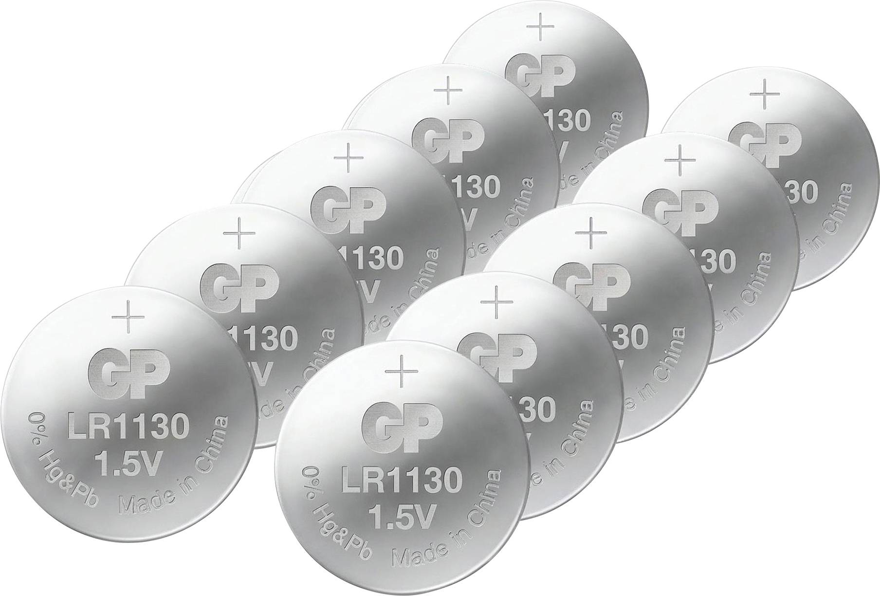 Mehrere Knopfzellenbatterien von GP, silberfarben, mit Aufdruck 'LR1130 1.5V' und '130' auf weißem Hintergrund.
