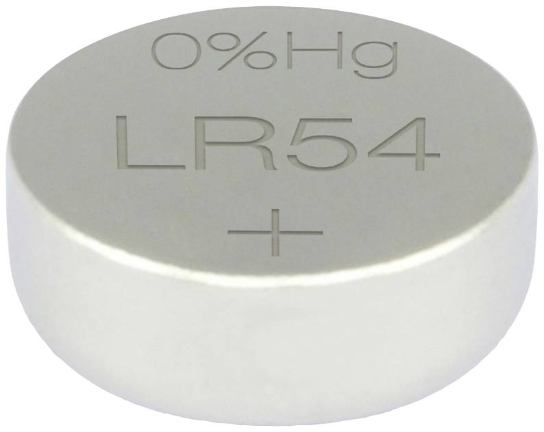 Silberne Knopfzelle mit der Aufschrift '0%Hg LR54 +', die eine quecksilberfreie Batterie bezeichnet.