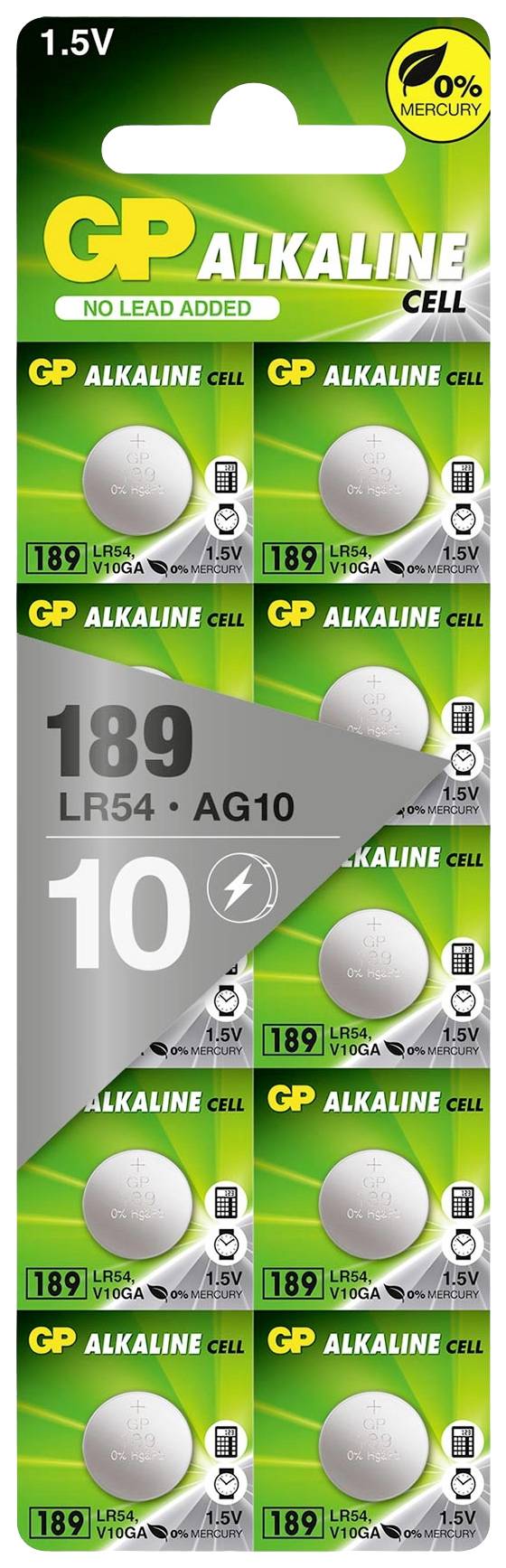 Packung mit zehn GP Alkaline Knopfzellen Batterien, Typ 189 LR54 AG10, ohne Blei und Quecksilber, 1,5V.