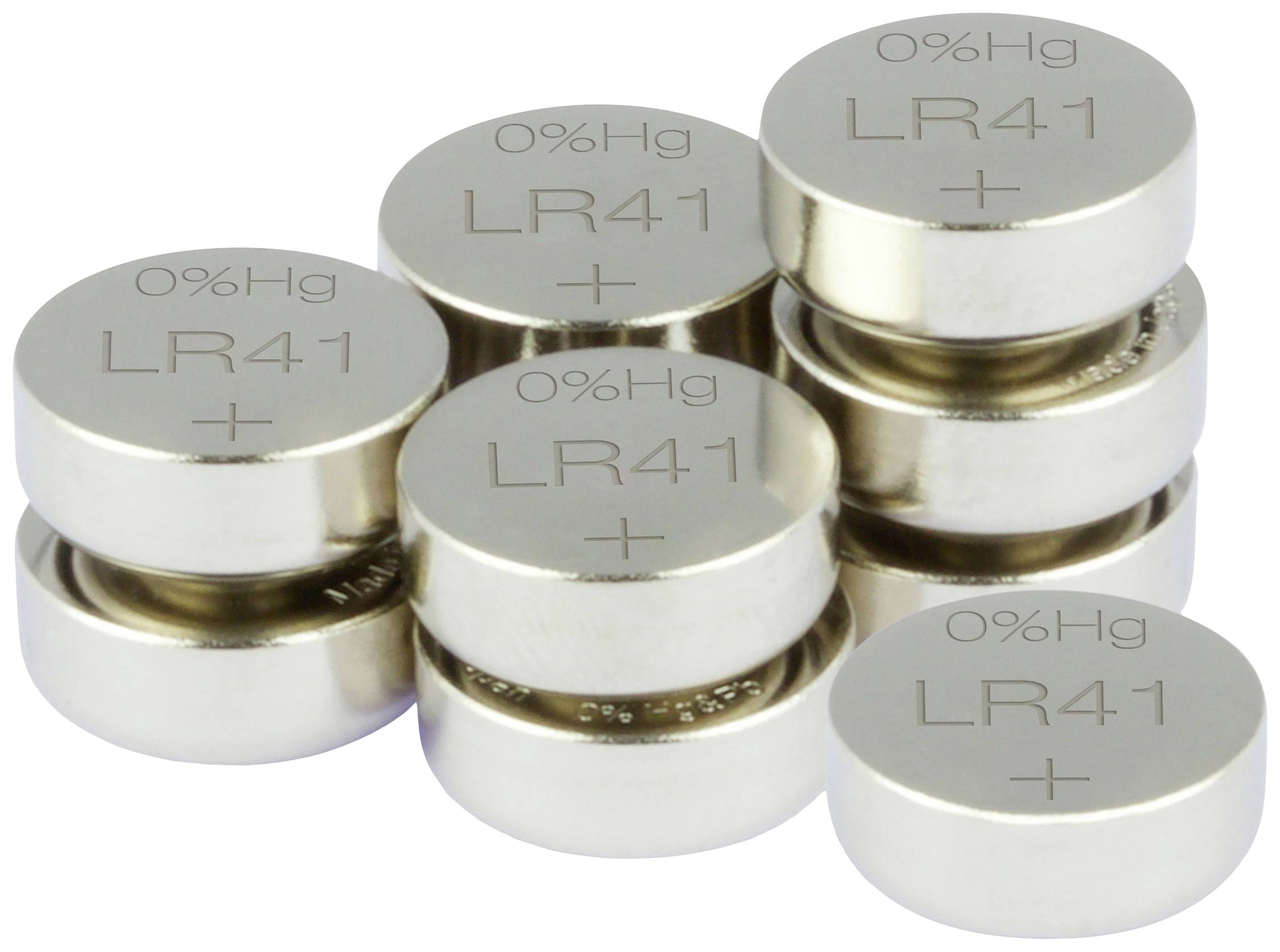 Mehrere silberne Knopfzellenbatterien mit der Aufschrift '0%Hg LR41 +'. Batteriesymbol und chemische Angabe sichtbar.