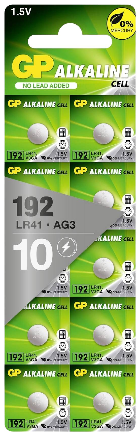 Blisterpackung mit zehn GP-Alkaline-Knopfzellen, 1.5V, Modell LR41 (AG3). Oben Hinweis: '0% Mercury'.