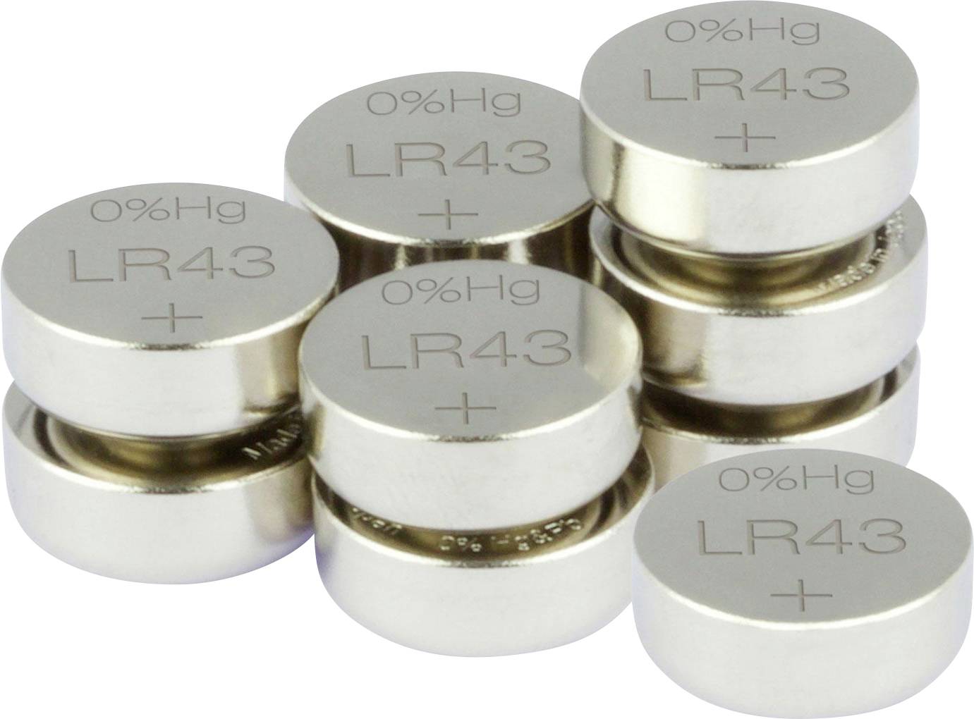 Sechs gestapelte Knopfzellenbatterien vom Typ LR43 mit Aufdruck '0%Hg' und Pluszeichen auf weißem Hintergrund.
