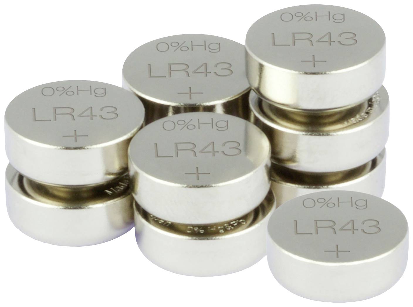 Mehrere silberne Knopfzellenbatterien mit der Aufschrift '0% Hg LR43 +' in Stapeln angeordnet.
