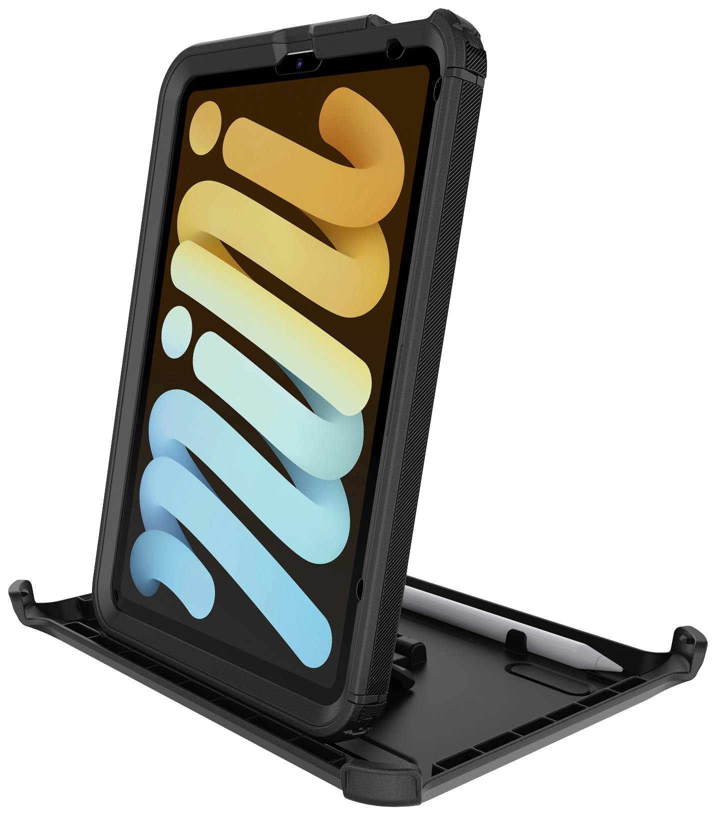 Robustes Tablet mit Schutzhülle steht auf Ständer. Der Bildschirm zeigt das Wort 'mini' in bunten Buchstaben.