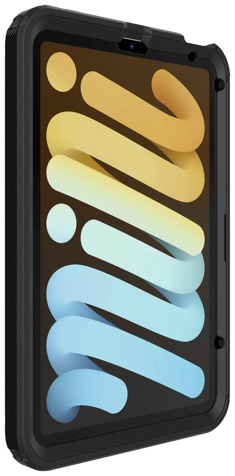 Ein Smartphone mit robustem, schwarzem Gehäuse und einem Bildschirm, der ein farbenfrohes, abstraktes Muster zeigt.