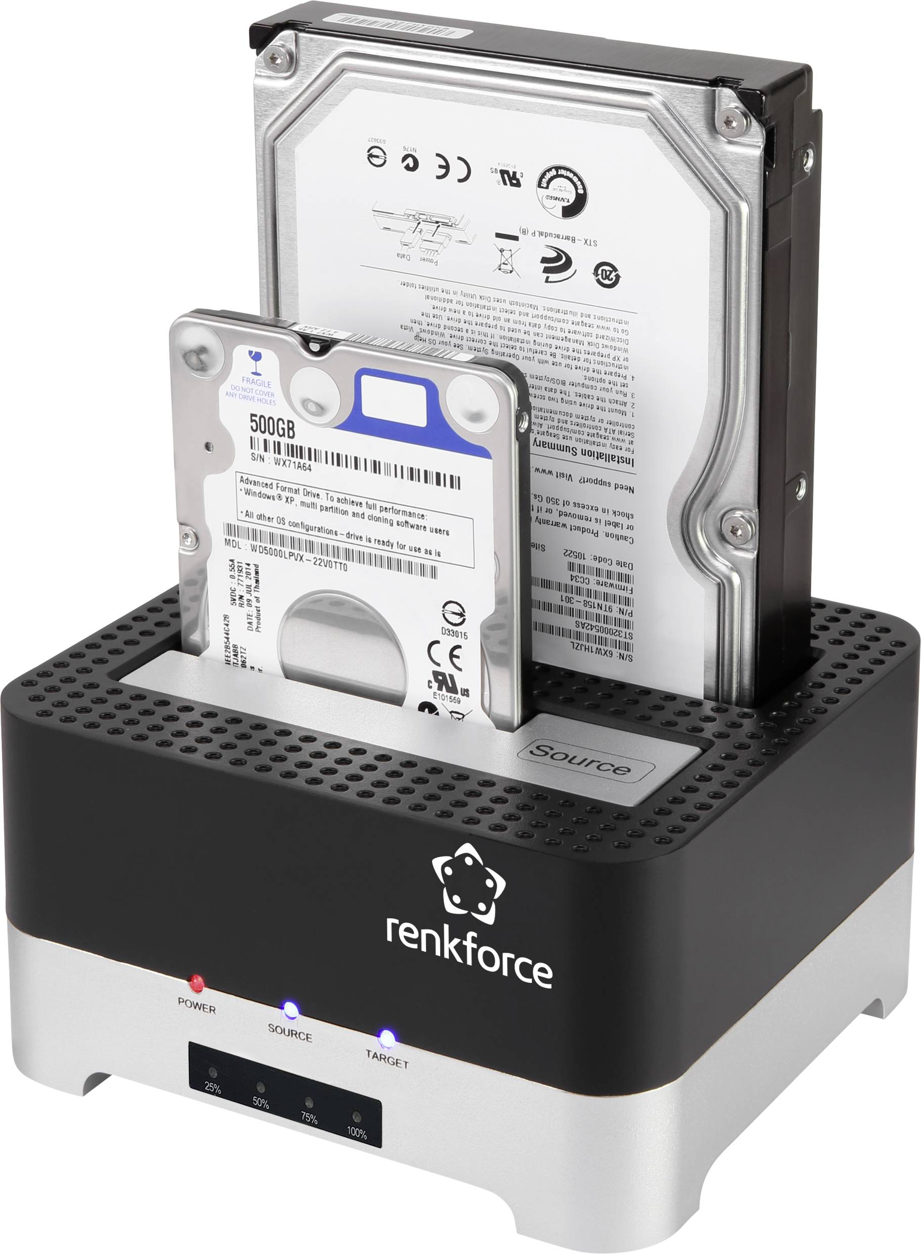Renkforce RF-DOCKING-02 USB-A (USB 3.0) SATA 6 Gb/s 2 Port Festplatten-Kopierstation 2.5 Zoll, 3.5 Zoll mit Clone-Funktion