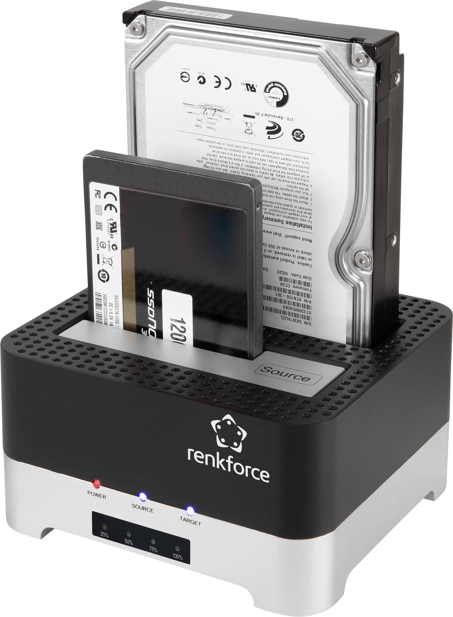 Renkforce RF-DOCKING-02 USB-A (USB 3.0) SATA 6 Gb/s 2 Port Festplatten-Kopierstation 2.5 Zoll, 3.5 Zoll mit Clone-Funktion