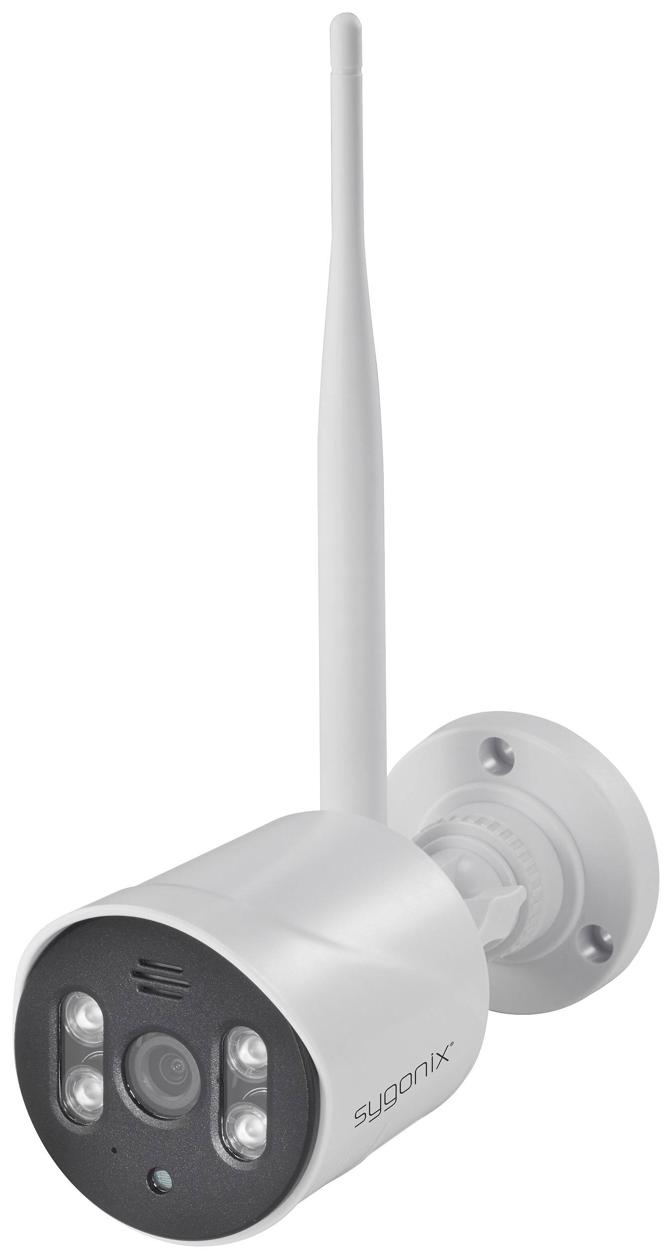 Eine Überwachungskamera mit Antenne, montiert auf einer Wandhalterung, zeigt nach vorne. Sie ist silberfarben mit vier LED-Leuchten.