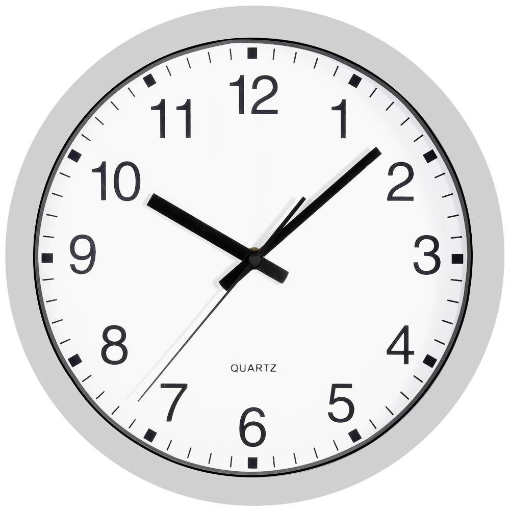 Analoge Wanduhr mit weißen Zifferblatt, schwarzen Zahlen und Zeigern. Die Uhr zeigt 10:10 Uhr.