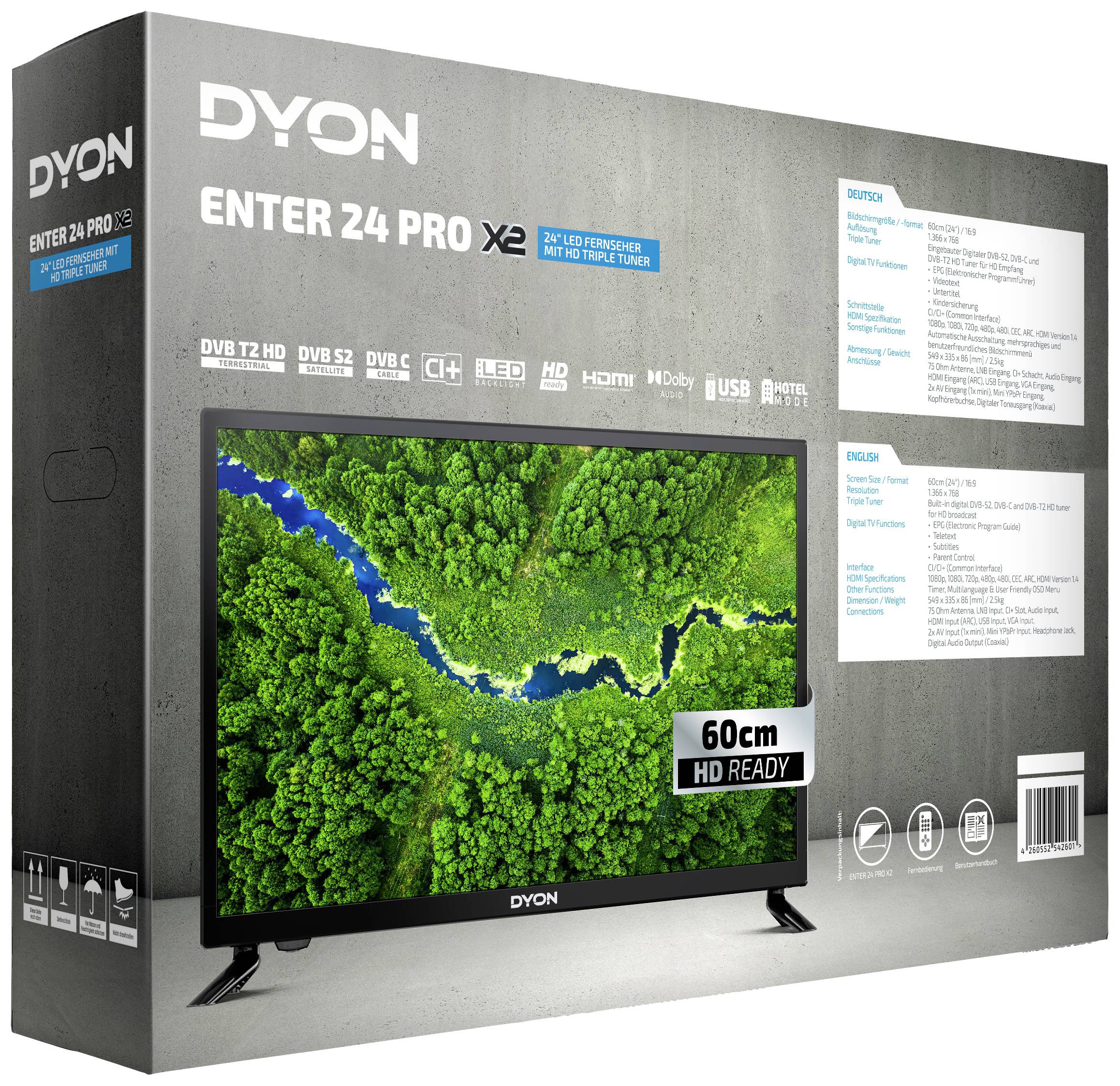TV-Verpackung der Marke Dyon. Modell 'Enter 24 Pro X2' mit 60 cm Bildschirmdiagonale. Aufgedruckte Spezifikationen und Merkmale.