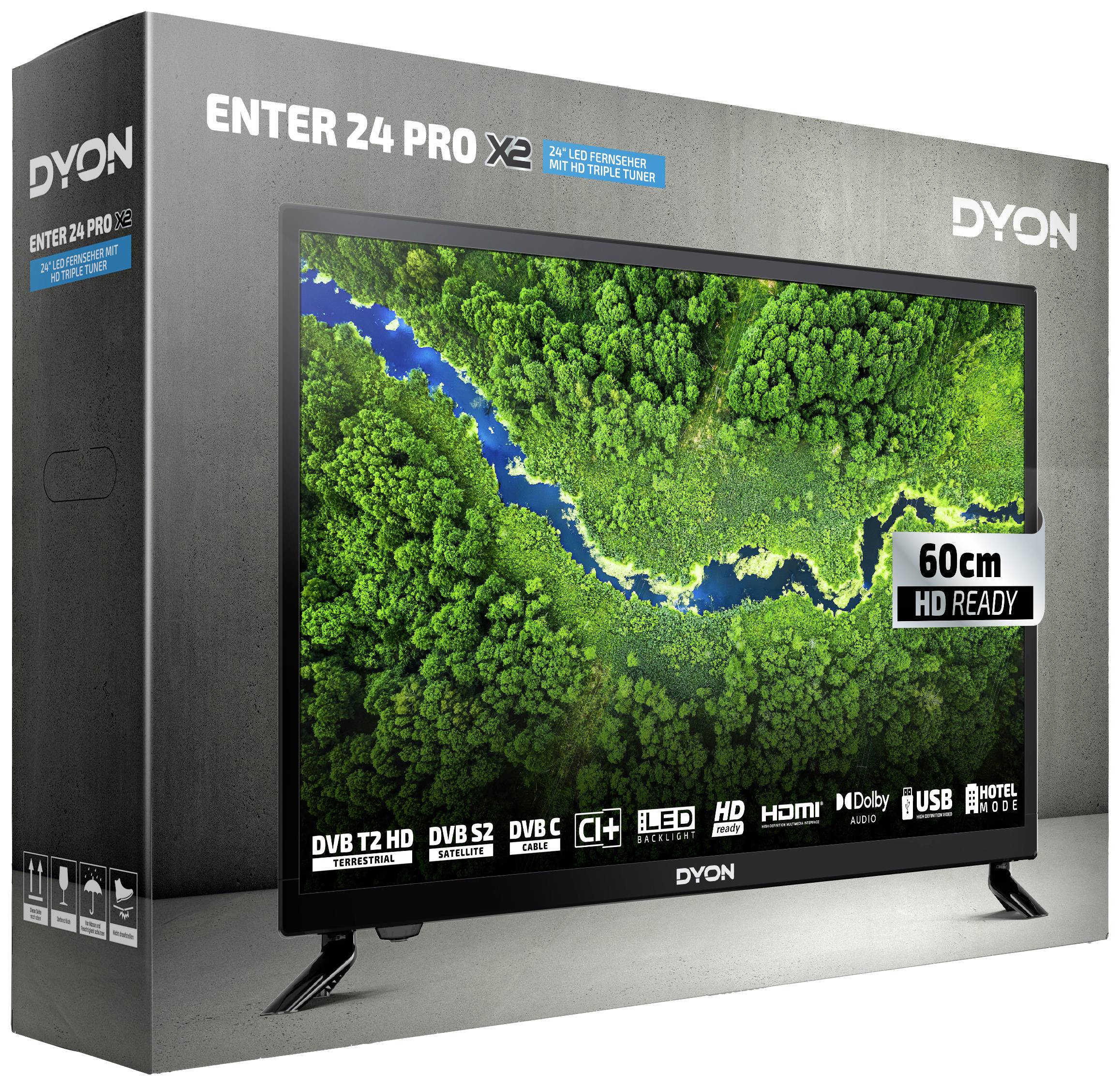 Flachbildfernseher 'DYON Enter 24 Pro' in Verpackung, zeigt Luftaufnahme eines grünen Flusses. Unterstützt HD, HDMI, USB, DVB-T2/S2/C.