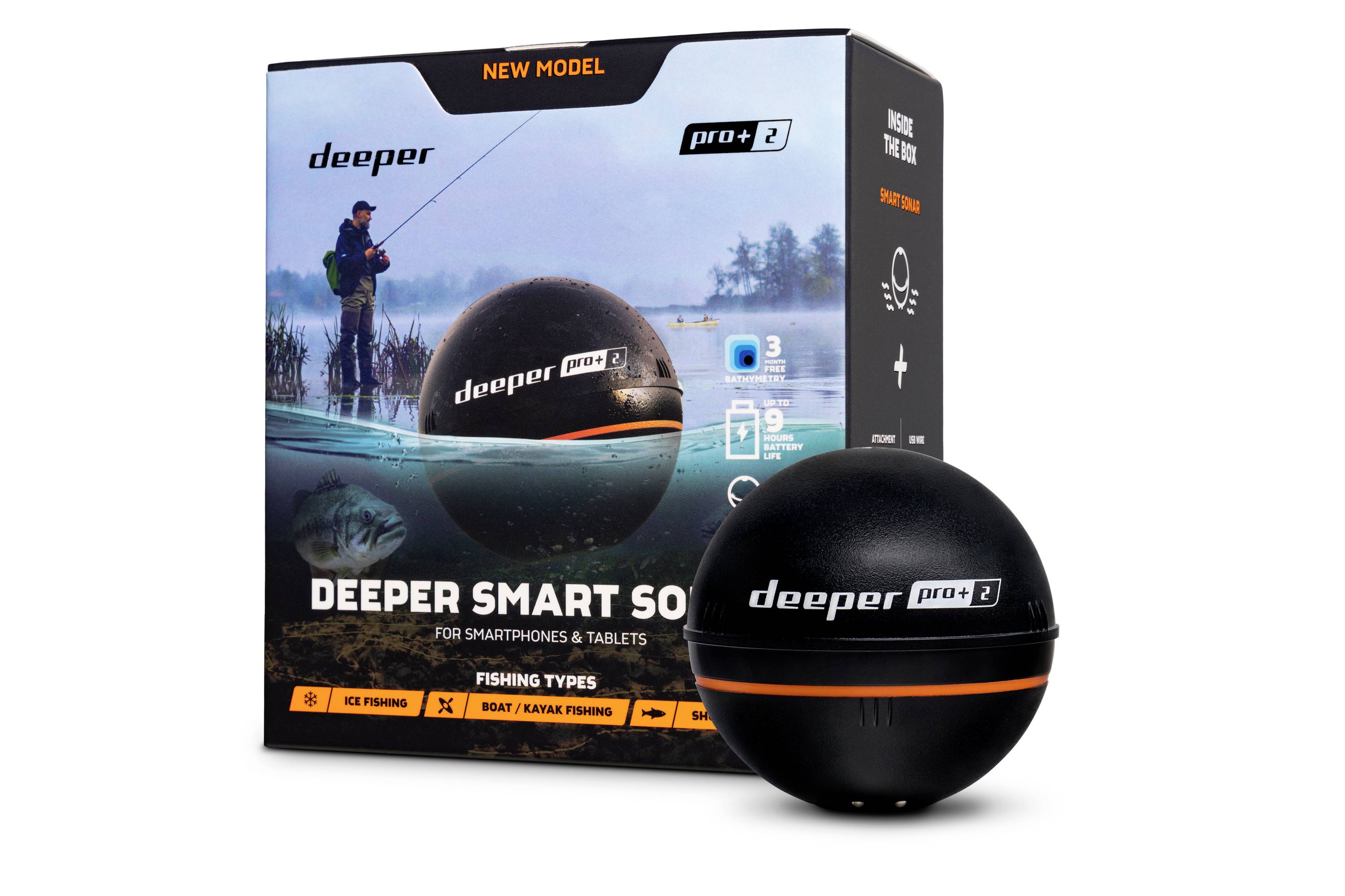 Verpackung und Produkt eines 'Deeper Smart Sonar PRO+ 2', geeignet für Smartphones und Tablets, ideal zum Angeln von Boot, Kajak oder Ufer.