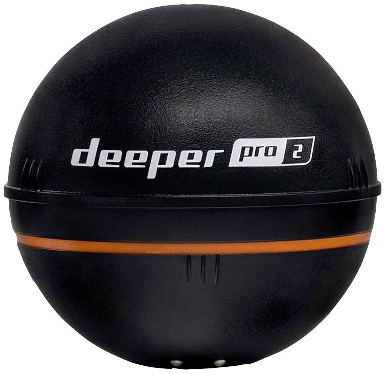 Ein schwarzes, kugelförmiges Gerät mit der Aufschrift 'deeper pro 2'.
