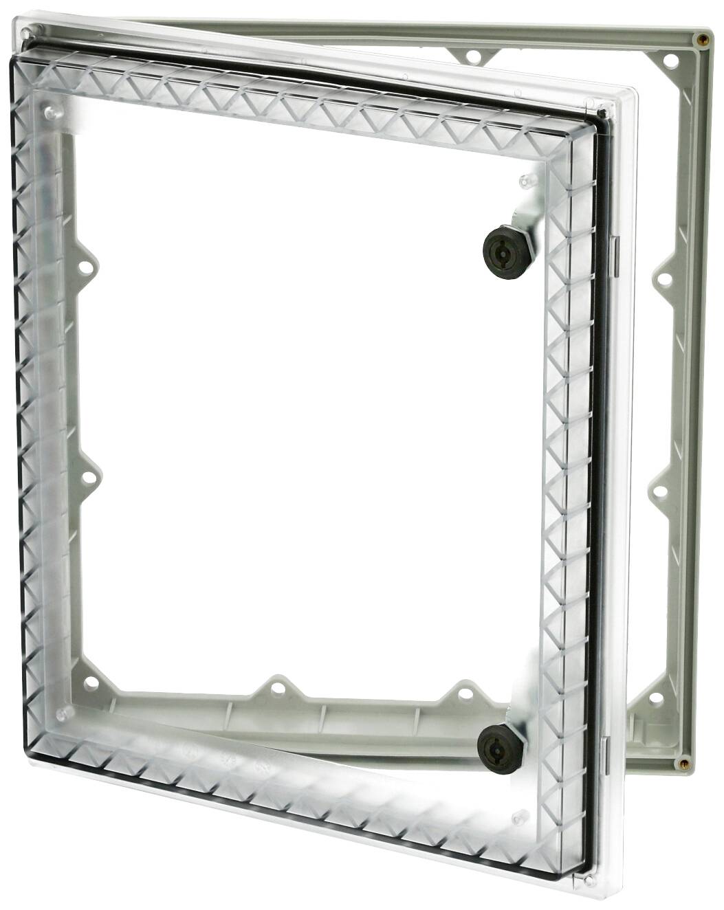 Ein rechteckiger Access Panel mit Kunststoffrahmen und Klappdeckel. Eignet sich zur Montage an Wänden oder Decken.