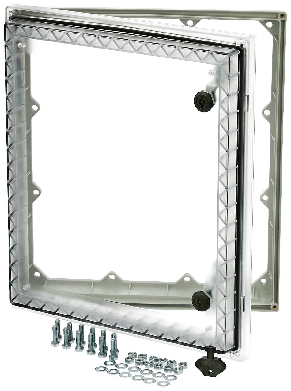 Plastikabdeckung mit quadratischem Rahmen, Schrauben und Muttern darunter. Entworfen für Wand- oder Deckenmontage.