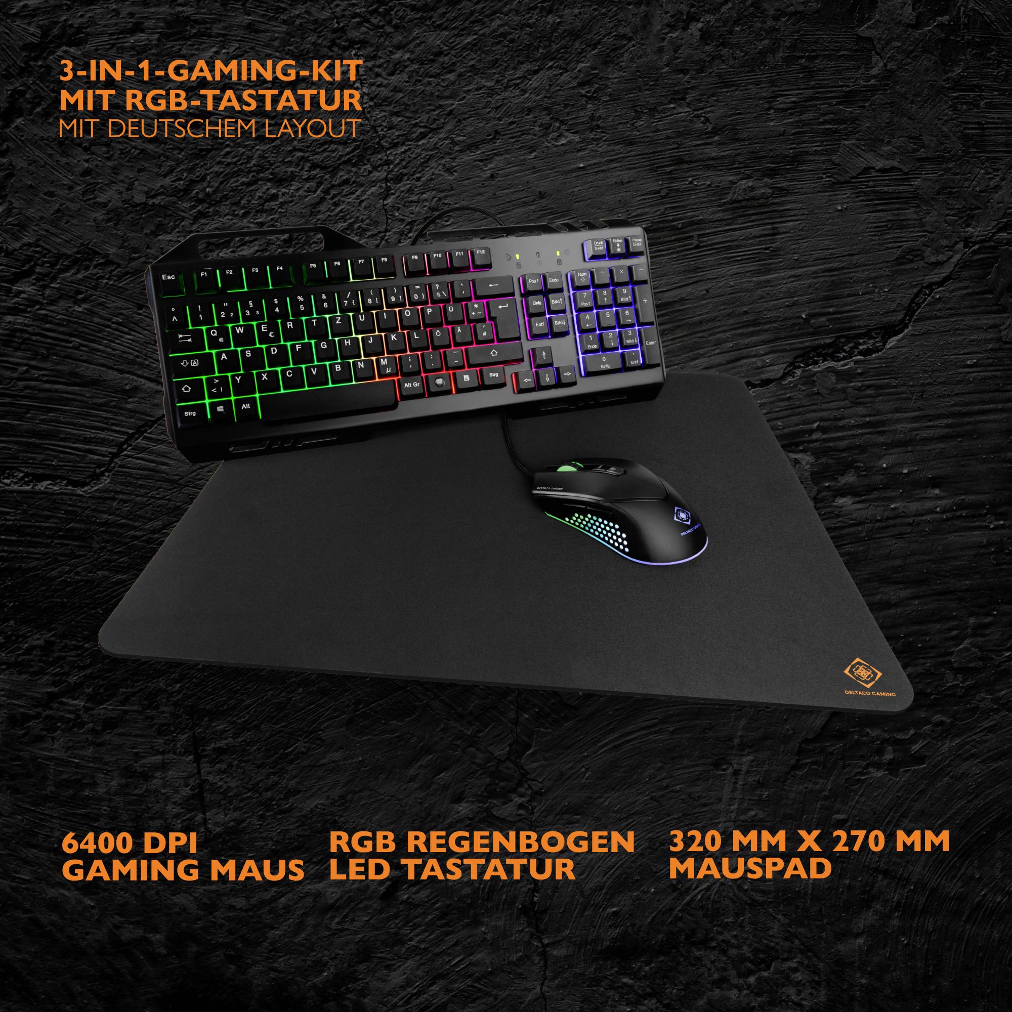 DELTACO GAMING GAM-113-DE USB, Kabelgebunden Gaming-Tastatur, Maus-Set Beleuchtet Deutsch, QWERTZ Schwarz