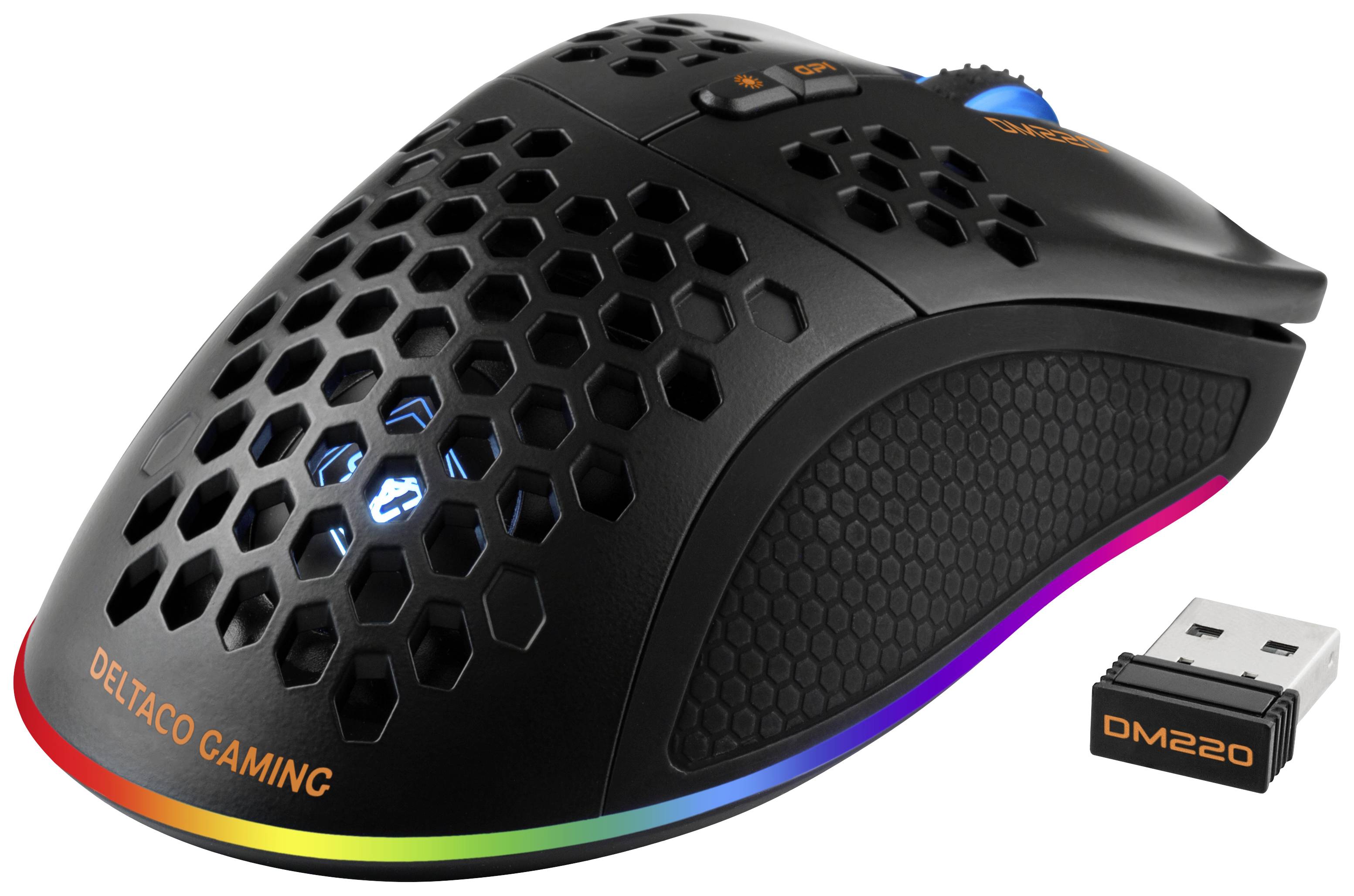 DELTACO GAMING DM220 Gaming-Maus Funk Optisch Schwarz 7 Tasten 4800 dpi Beleuchtet, Wiederaufladbar