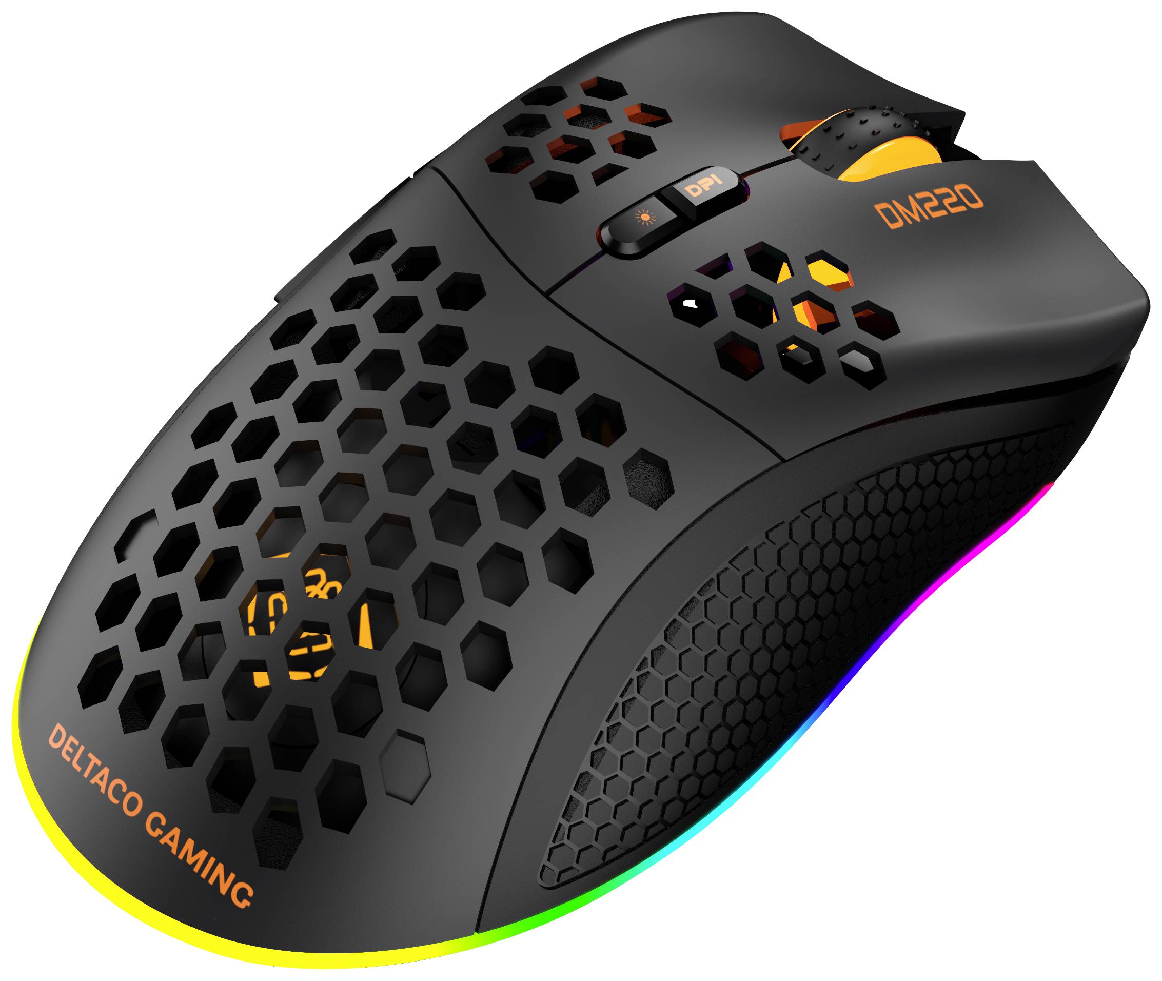 DELTACO GAMING DM220 Gaming-Maus Funk Optisch Schwarz 7 Tasten 4800 dpi Beleuchtet, Wiederaufladbar