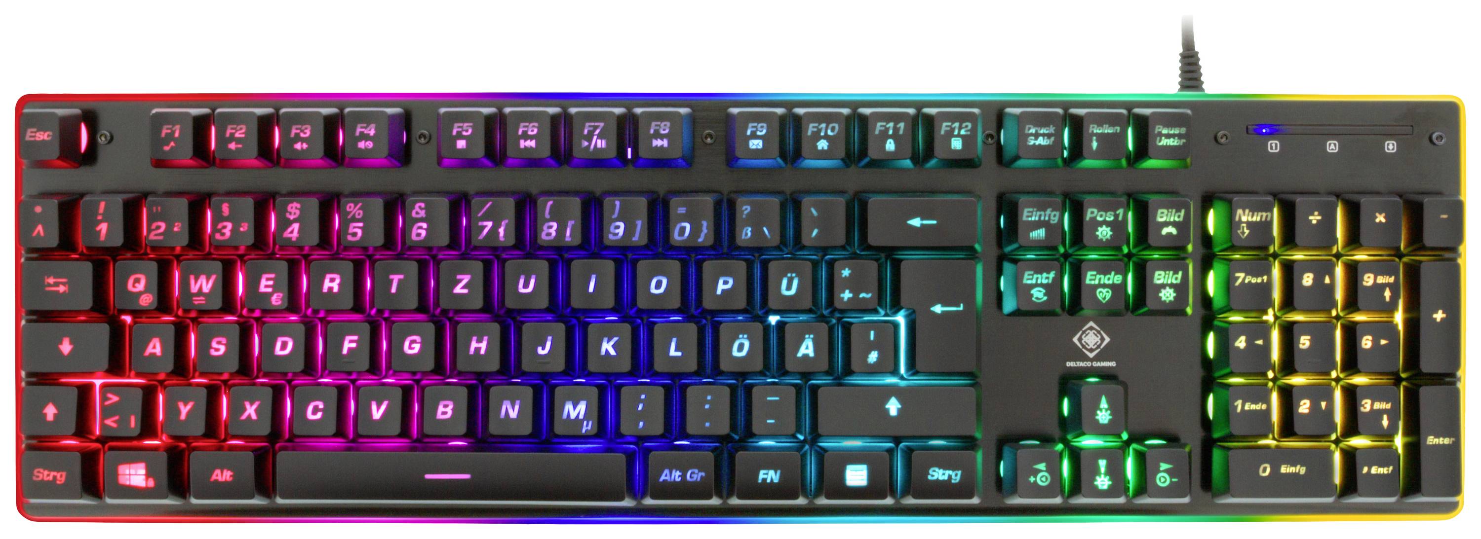 DELTACO GAMING GAM-021-RGB-DE Kabelgebunden, USB Gaming-Tastatur Deutsch, QWERTZ Schwarz Ergonomisch, Beleuchtet