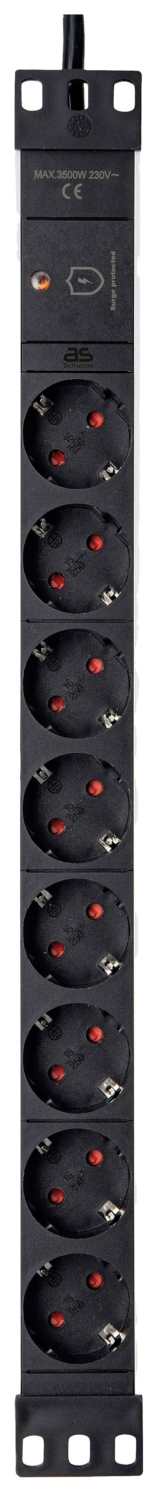 Mehrfachsteckerleiste mit zehn Steckplätzen und Ein-/Ausschalter, schwarzes Design, geeignet für elektronische Geräte und Bürobedarf.