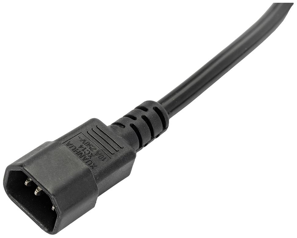 Schwarzes Netzkabel mit einem C13-Stecker. Der Stecker hat drei Metallkontakte und ist für den Anschluss an Elektrogeräte geeignet.